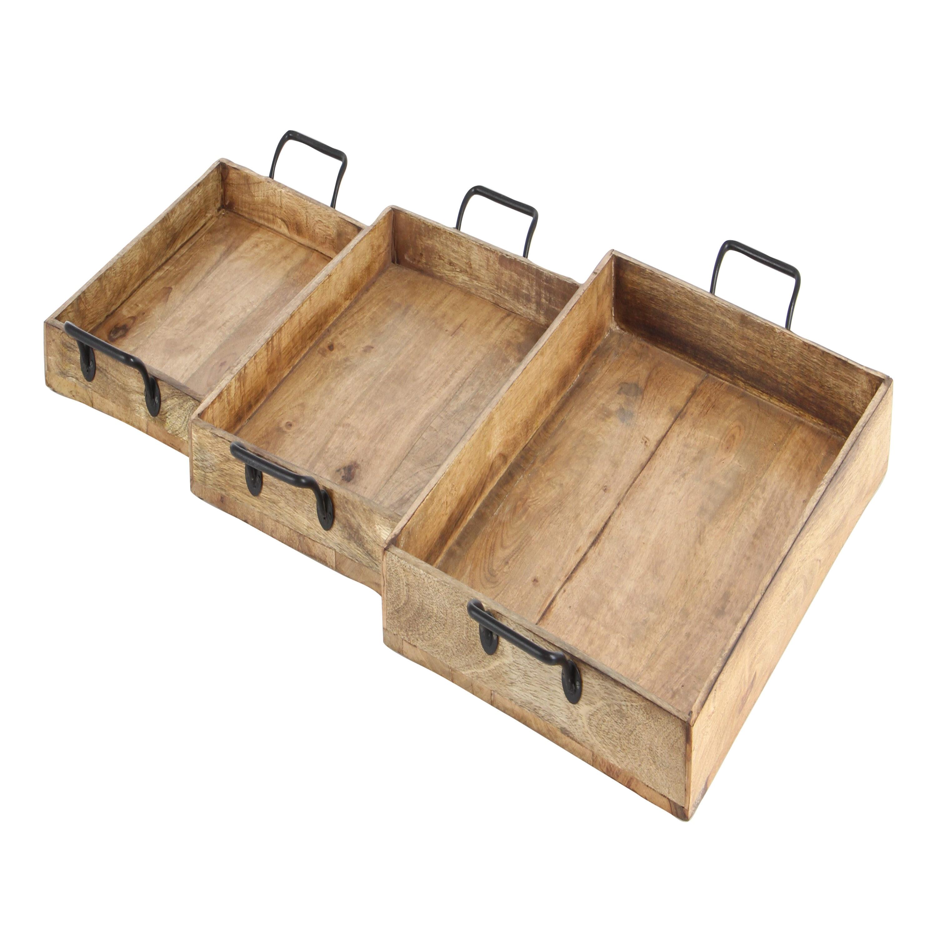 Set of 3 Farmhouse Slat Style Mango Wood and Iron Trays Brown - Olivia & May: Ottoman, Basket Design, 24-Inch