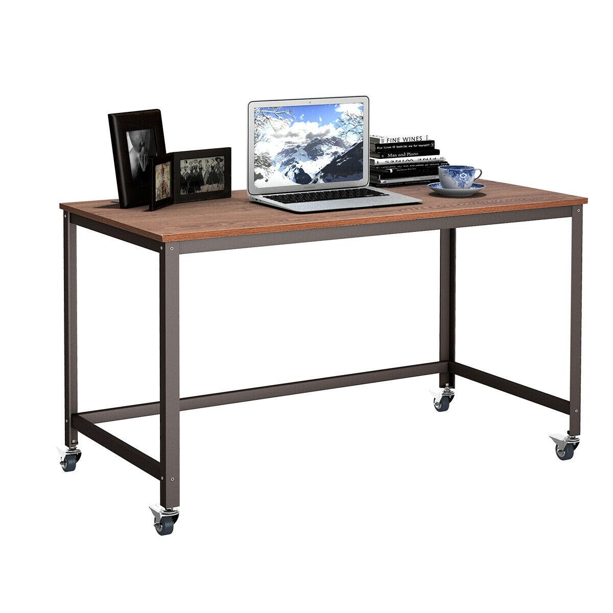 Costway Rolling Computer Desk Metal Frame PC Laptop Table Wood Top Study Workstation