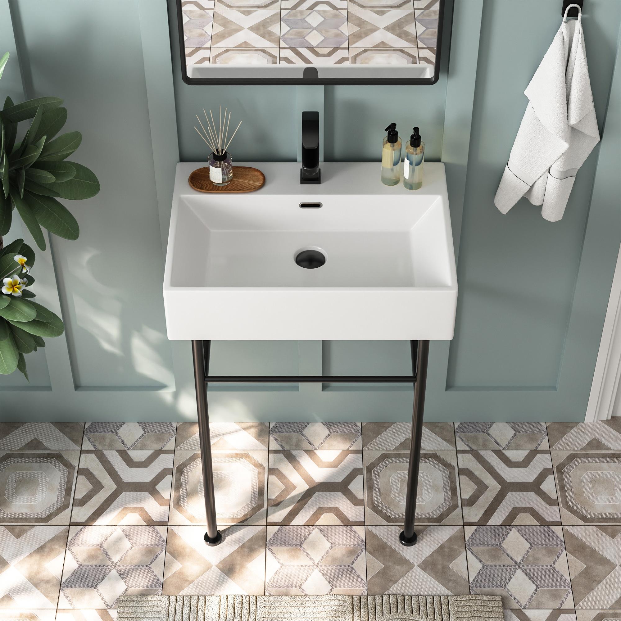 Ceramic White Rectangular Single Faucet Hole 24 in Console Bathroom Sink with Overflow