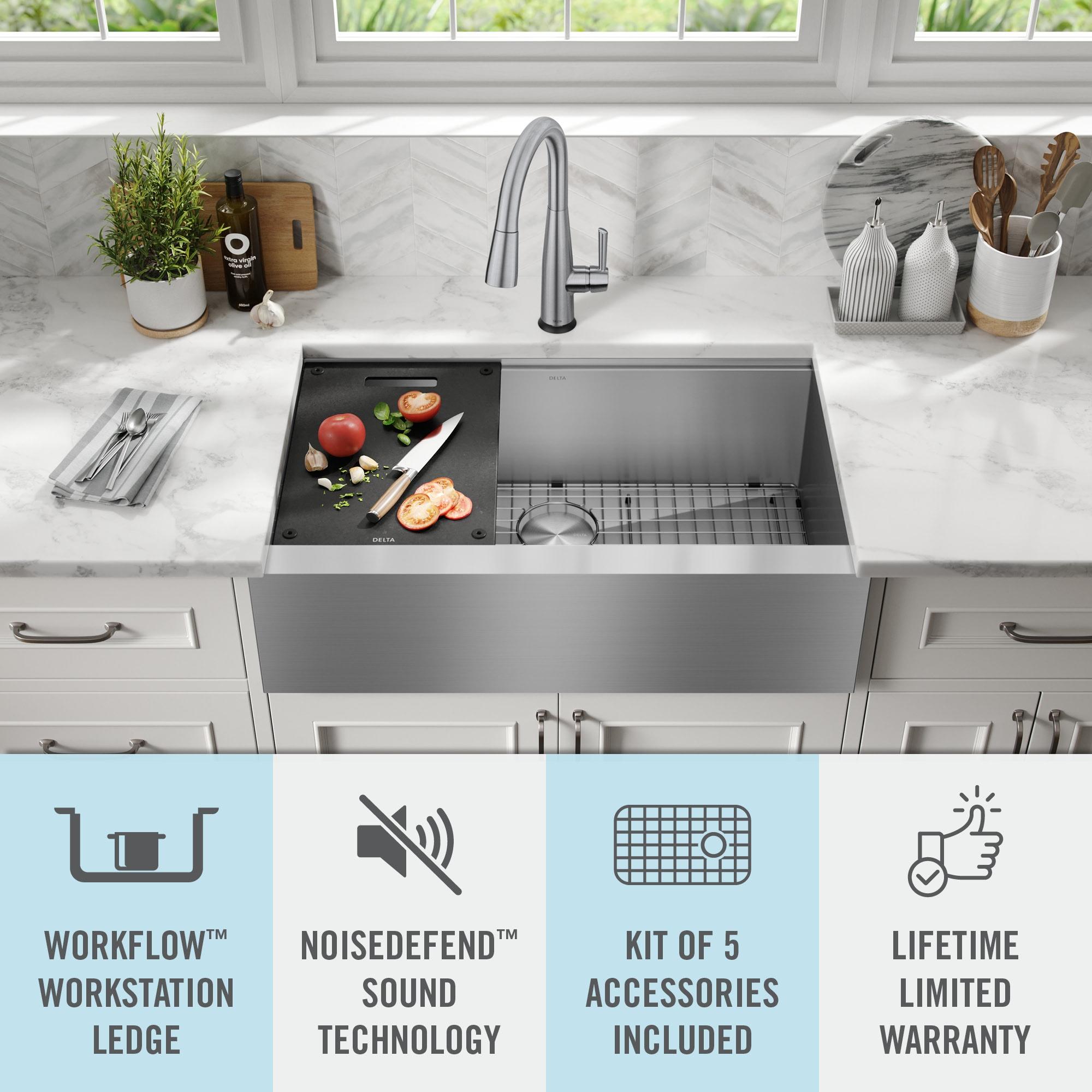 Delta Rivet™ 33" L Workstation Farmhouse Apron Front Kitchen Sink Undermount 16 Gauge Stainless Steel Single Bowl