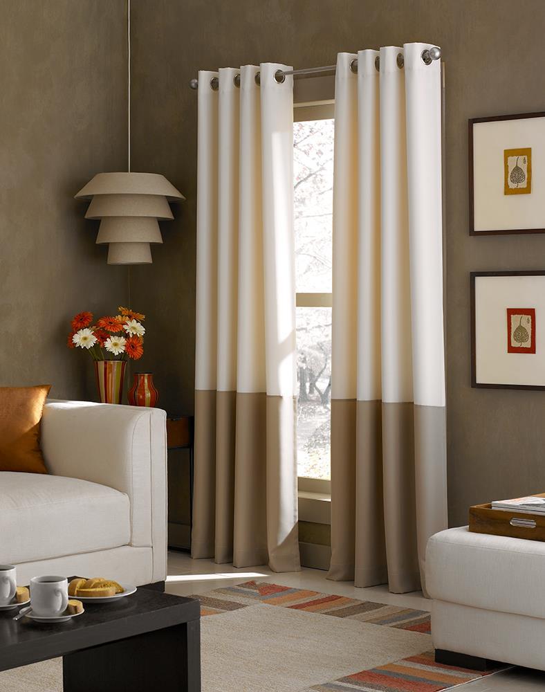 Ivory and Tan Room-Darkening Faux Silk Grommet Curtains