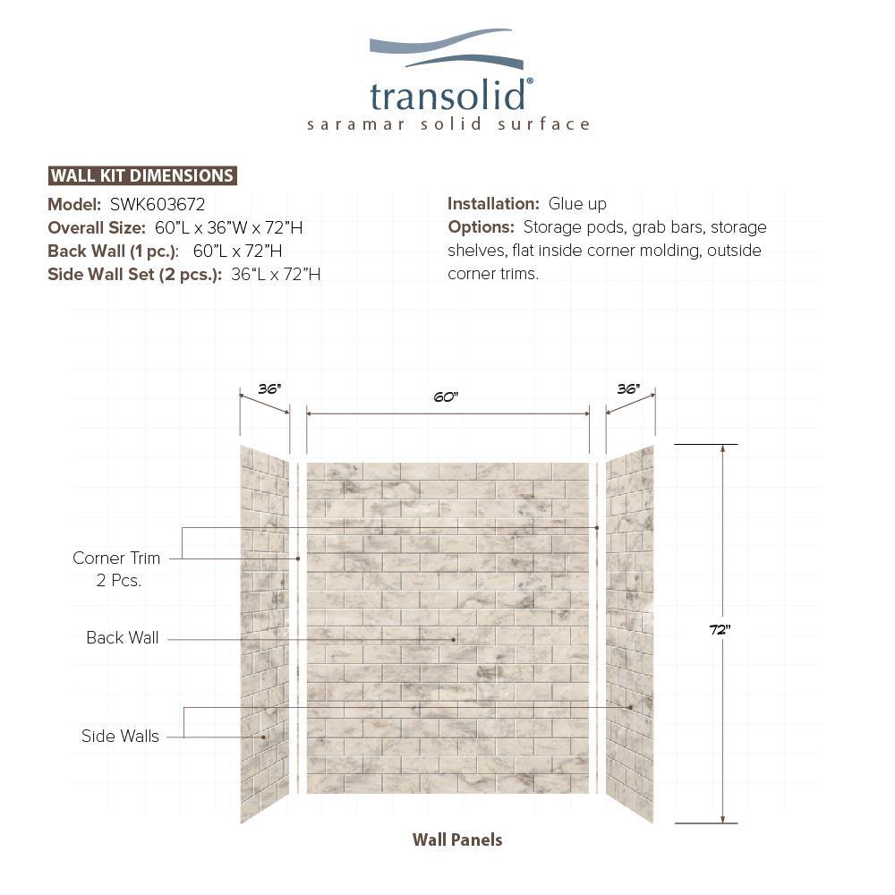 Transolid SaraMar 60'' W 36'' D 72'' H Glue Up Solid Surface Wall