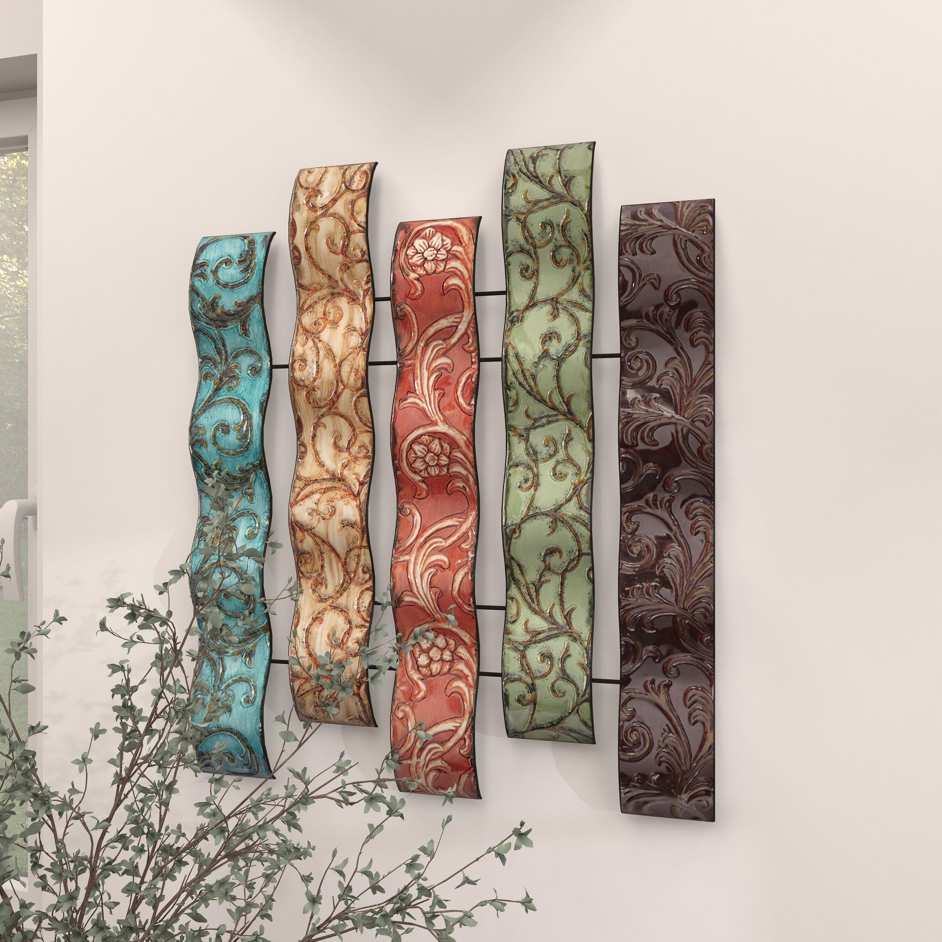 DecMode Multi Colored Metal 5 Wavy Panels Abstract Wall Decor with Embossed Details