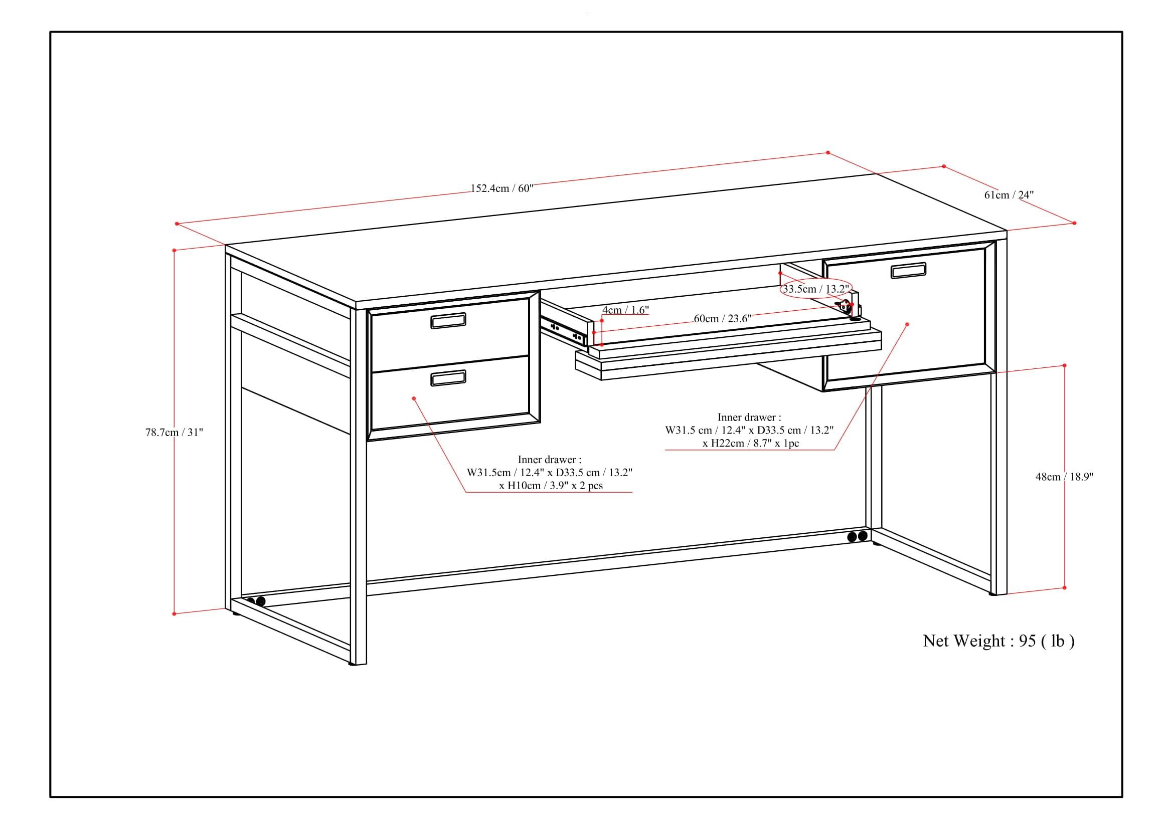 Simpli Home Richmond 60"W Solid Acacia Wood Desk, Industrial Style with Keyboard Tray and 3 Drawers