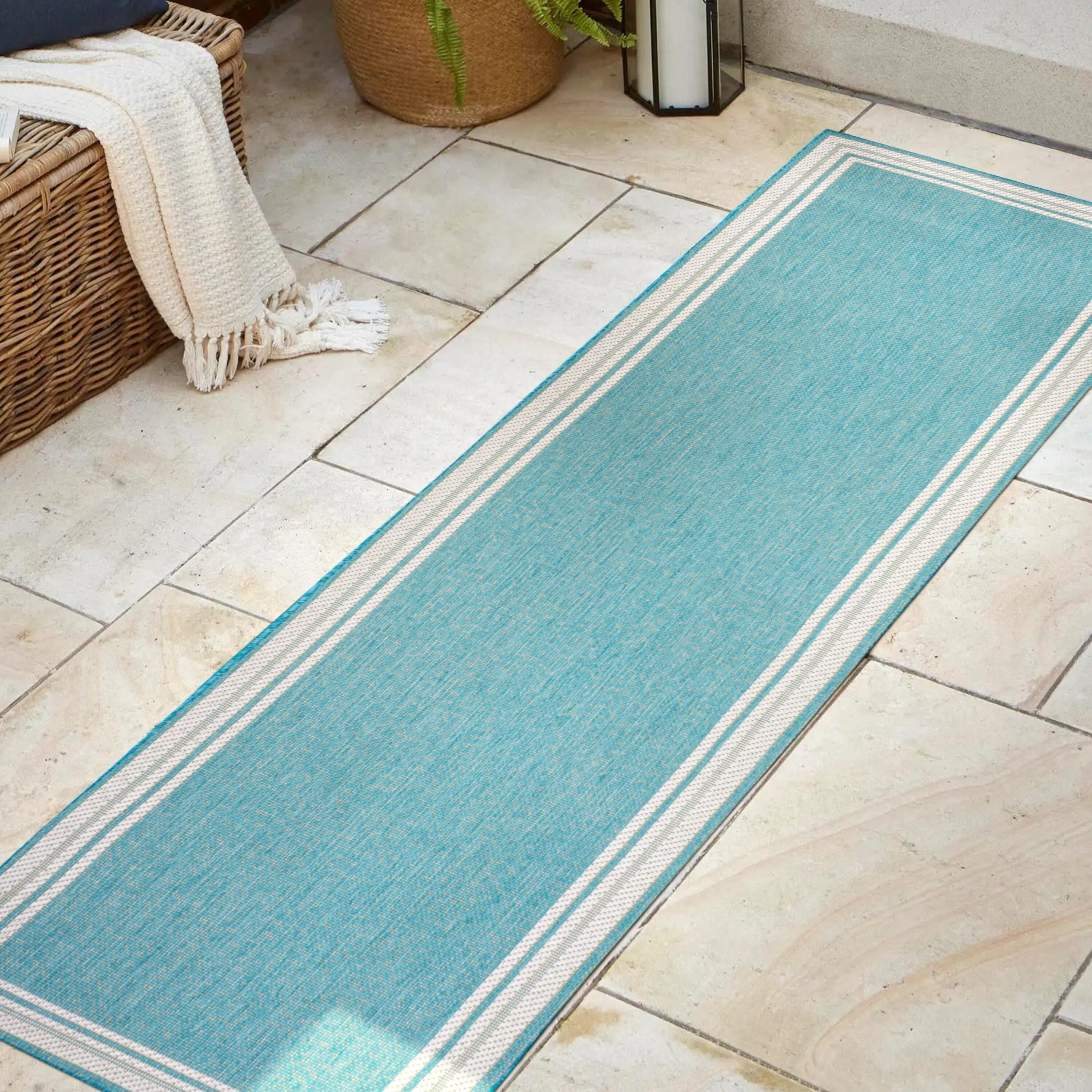 2' x 8' James Modern Border Stripe Indoor/Outdoor Runner Rug, Aqua/Beige - JONATHAN Y