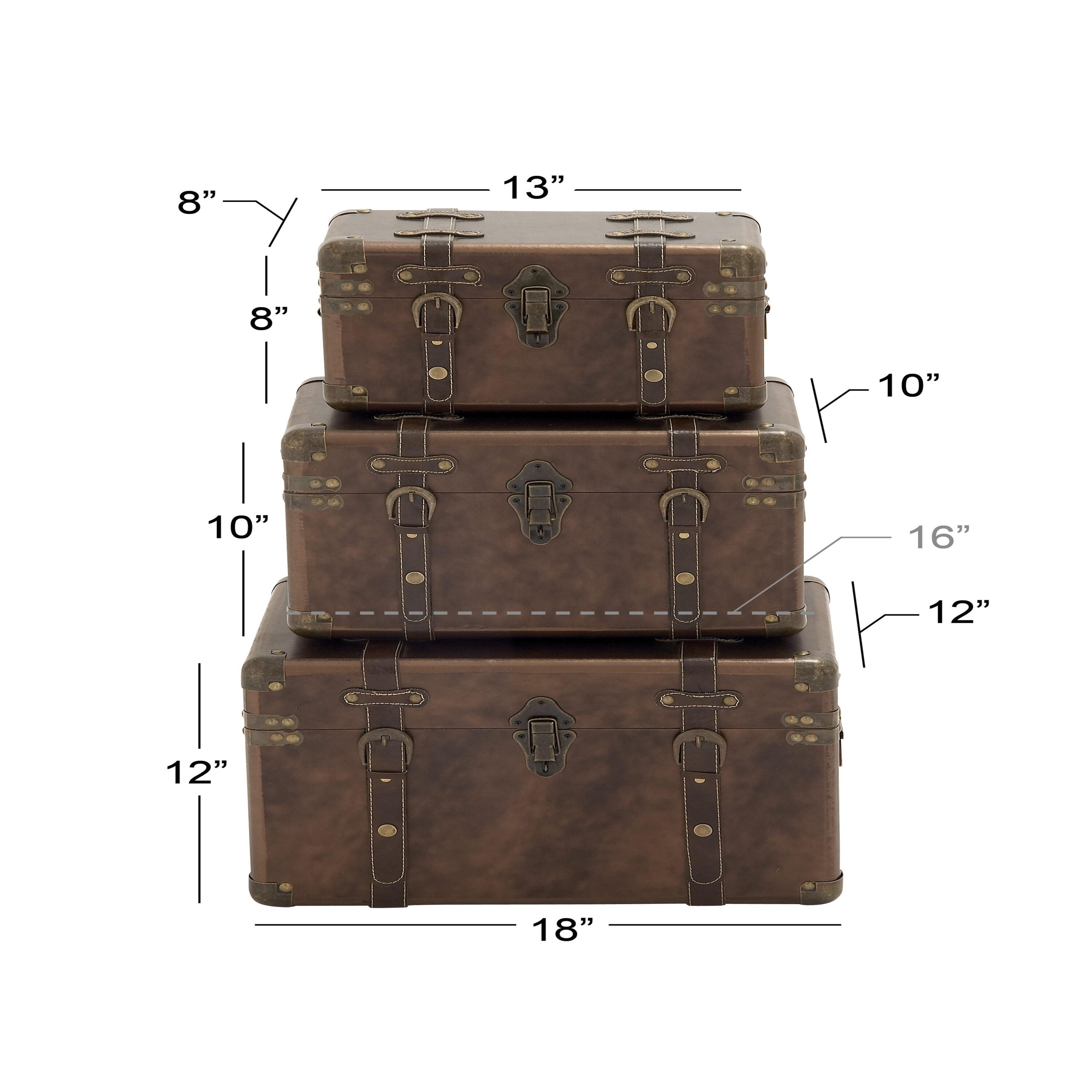 DecMode 18" x 12" Brown Leather Nesting Upholstered Trunk with Vintage Accents and Studs, 3-Pieces