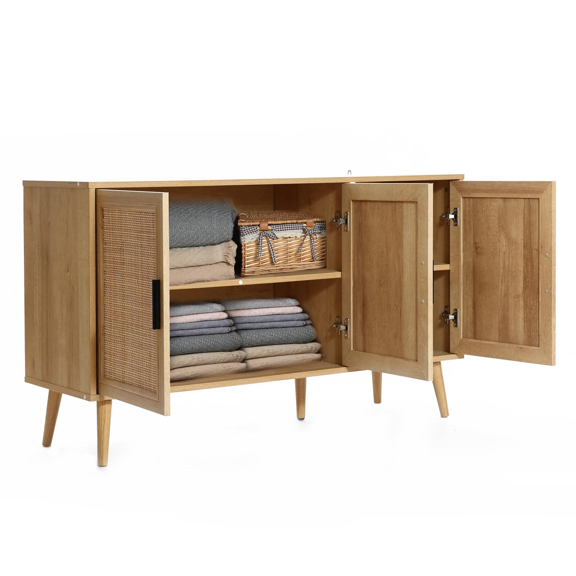 LuxenHome Rattan Buffet Cabinet with Storage, 47" Light Oak Finish Wood Accent Sideboard Cabinet with 3-Door, Boho Coffee Bar Console Table