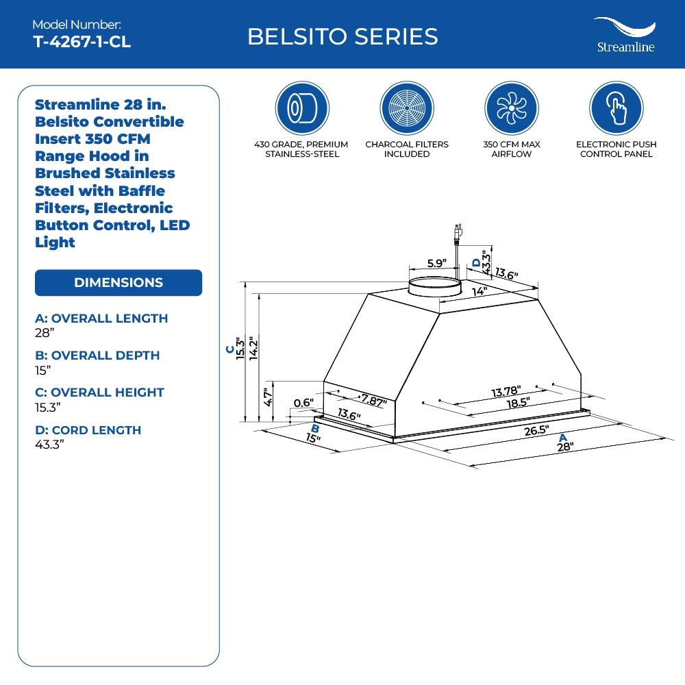 Streamline Bath Streamline 28 In. T-4267-1-CL Belsito Convertible Insert 350 CFM Range Hood In Brushed Stainless Steel With Baffle Filters, Electronic Button Control, LED Light T-4267-1-CL