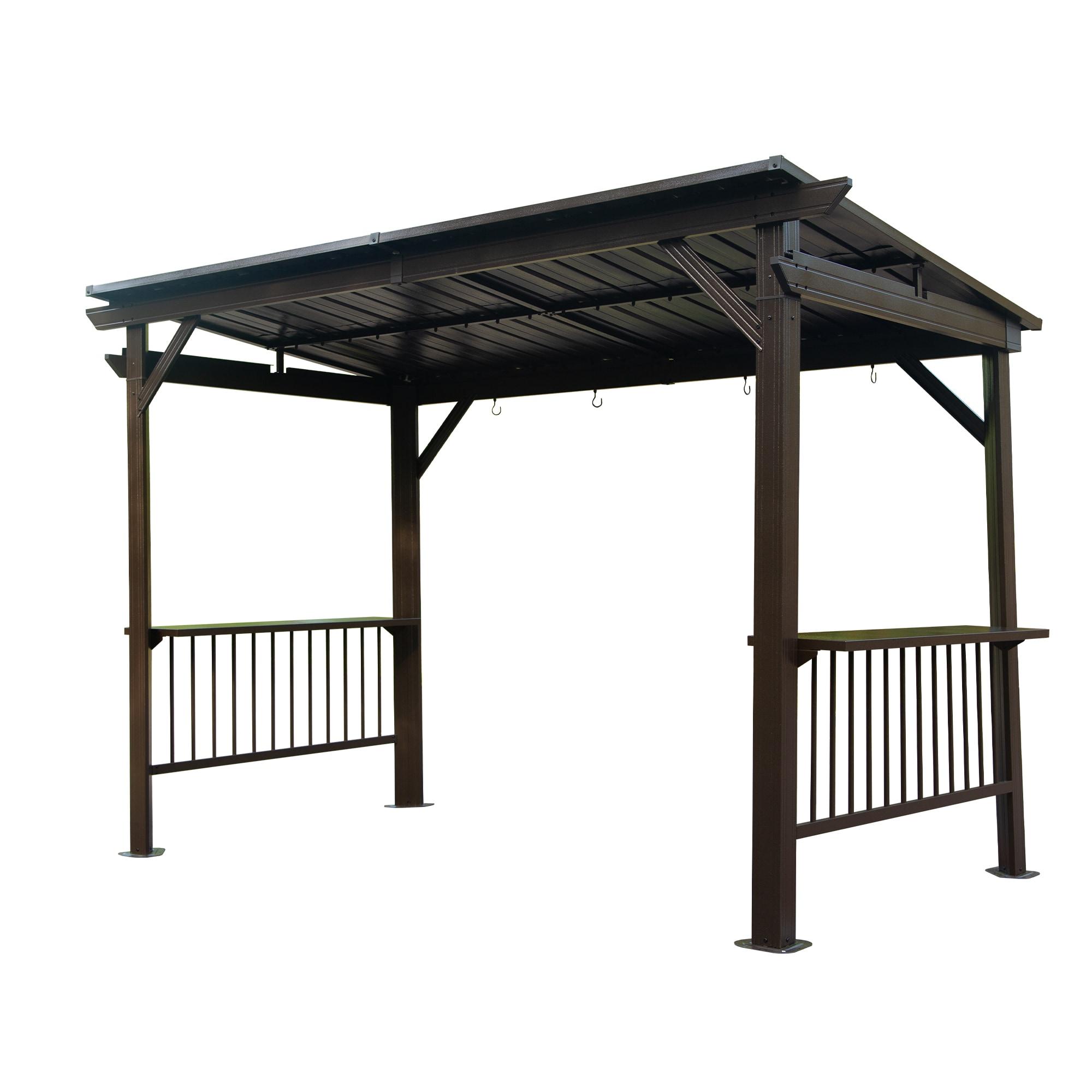 TOTAL 6.5x12FT Hardtop Grill Gazebo, Outdoor BBQ Shelter with 2 Side Shelves, Sloping Steel Roof, Permanent Sun Shade & Ceiling Hooks for Patio, Deck, Yard, Garden (Brown)