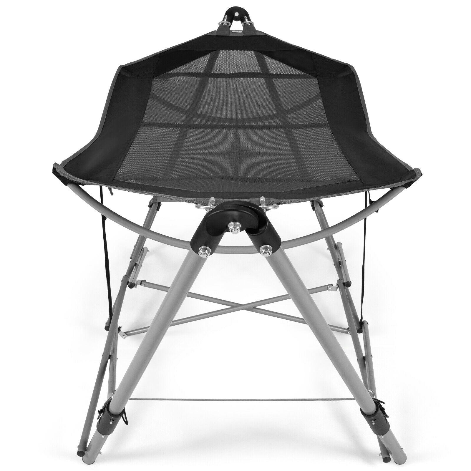 Costway Folding Hammock Indoor & Outdoor Hammock with Side Pocket & Iron Stand Black