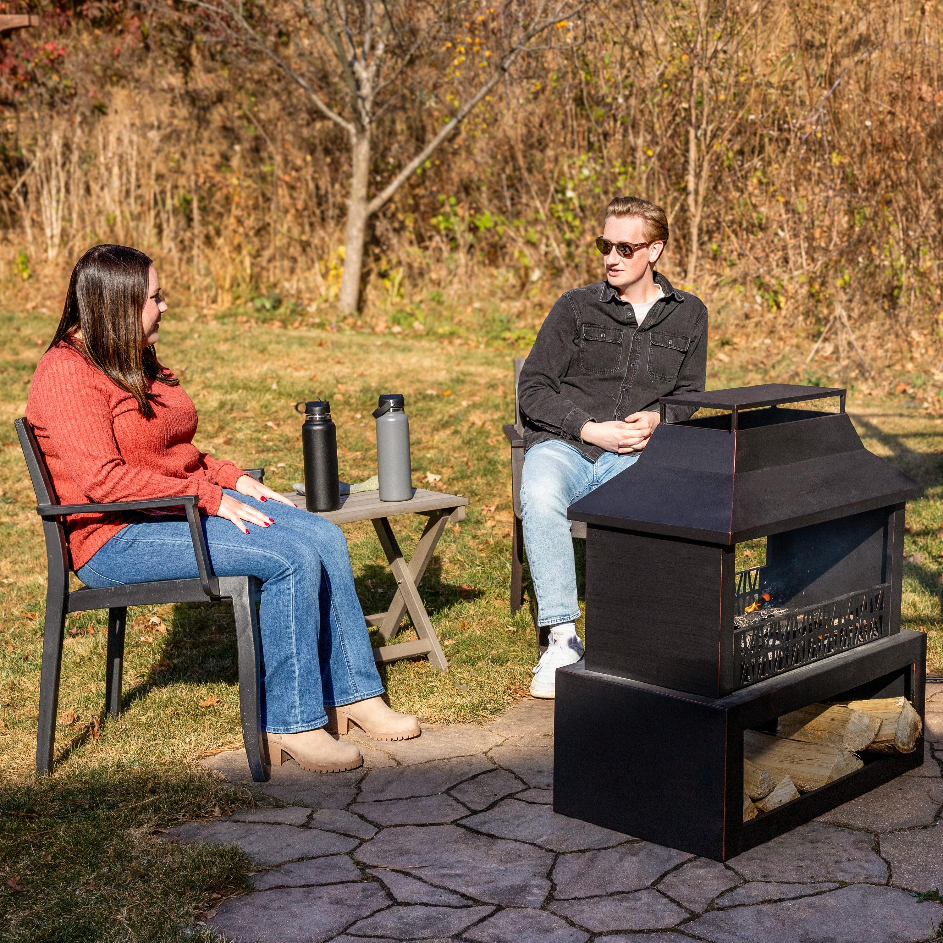Lark Manor™ Courter 29" Rectangle Bronze Finish Steel Outdoor Fireplace with Log Storage