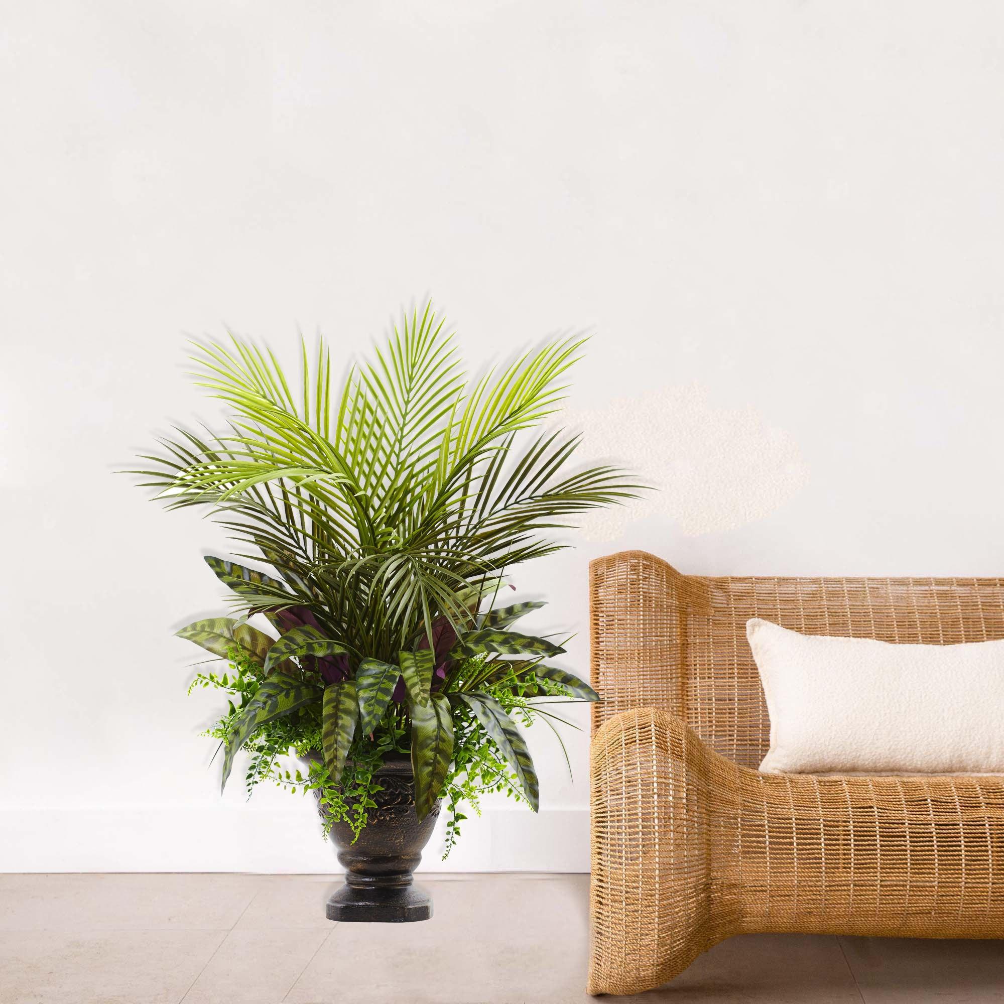 Nearly Natural 27" Plastic/Polyester Mixed Areca Palm, Fern & Peacock Artificial Plant with Planter, Green