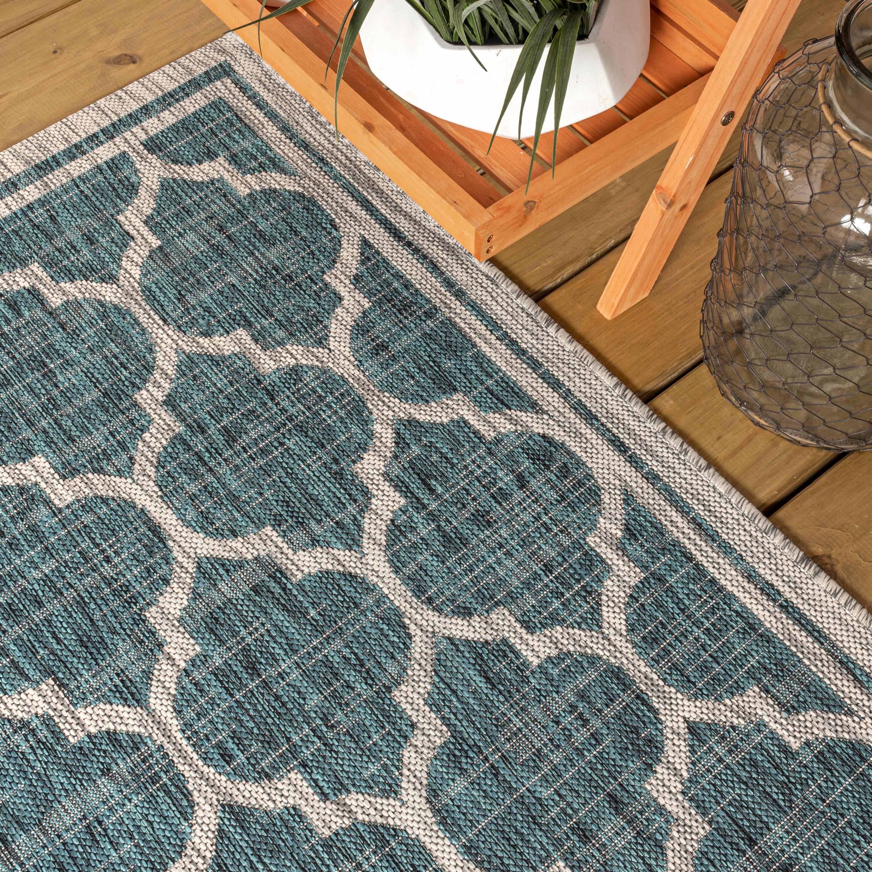 5' Square Trebol Moroccan Trellis Textured Weave Indoor/Outdoor Area Rug, Teal/Gray - JONATHAN Y