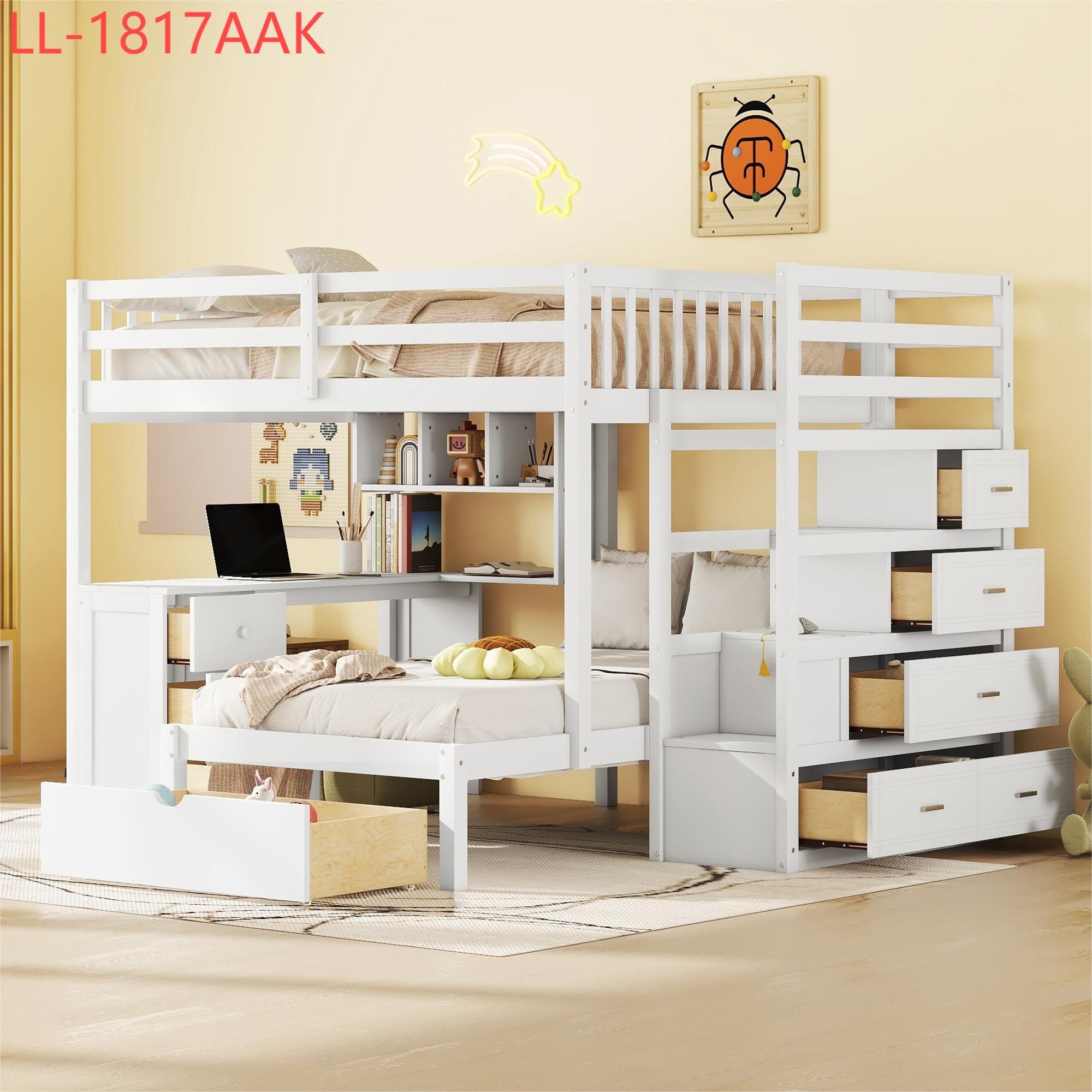 Harper & Bright Designs Full Over Twin Bunk Bed with Stairs, Storage Drawers, Full Size Loft Bed Frame with Desk and Shelves, White