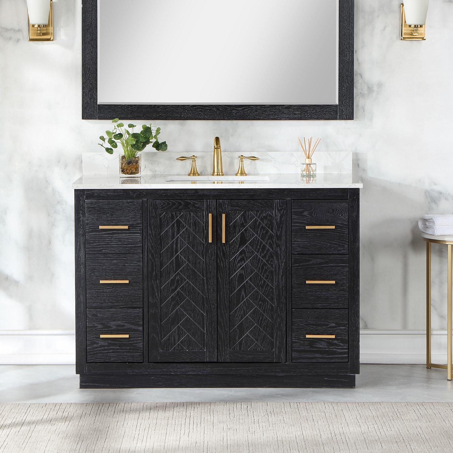 Gazsi 48" Single Bathroom Vanity Set in Black Oak with Grain White Composite Stone Countertop without Mirror