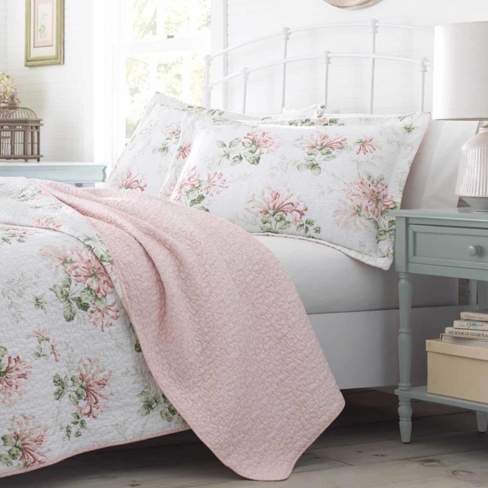 Laura Ashley Laura Ashley Honeysuckle Cotton Reversible Pink Quilt Set