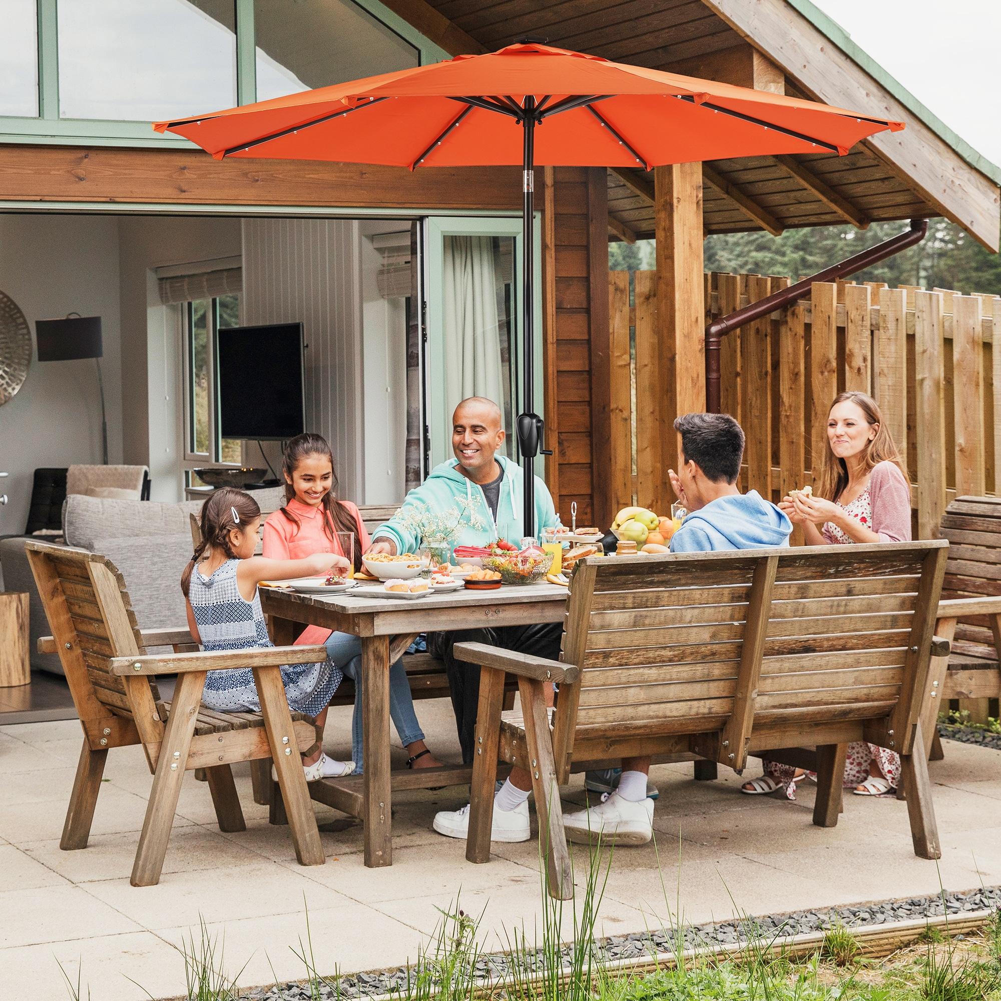 Sun-Ray 9 FT 32 LED Patio Solar Umbrella w/ Push Button Tilt and Crank Outdoor Umbrella, 8 Sturdy Ribs, UV Protection, Solution-Dyed Fabric, Orange