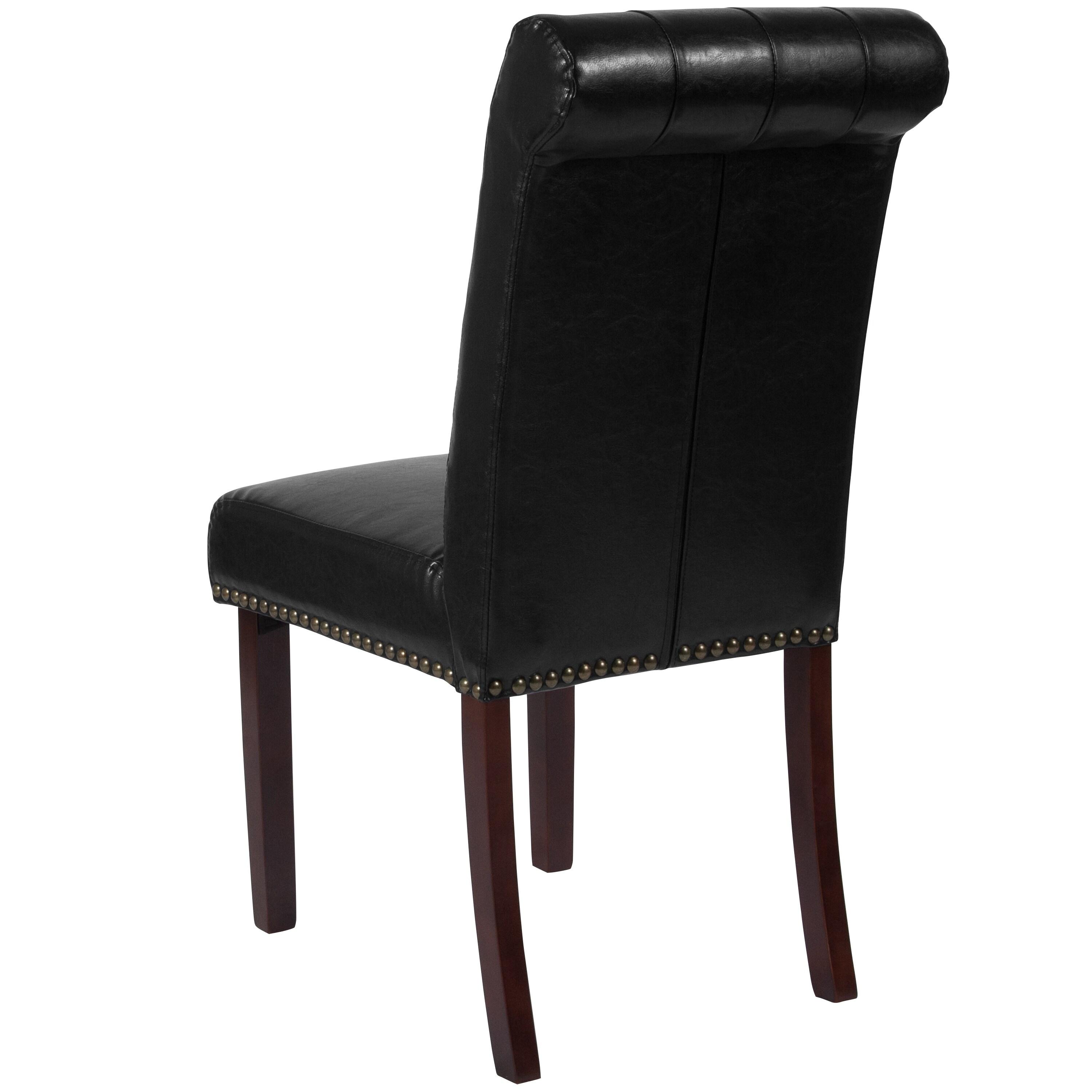 Flash Furniture HERCULES Series Black LeatherSoft Parsons Chair with Rolled Back, Accent Nail Trim and Walnut Finish
