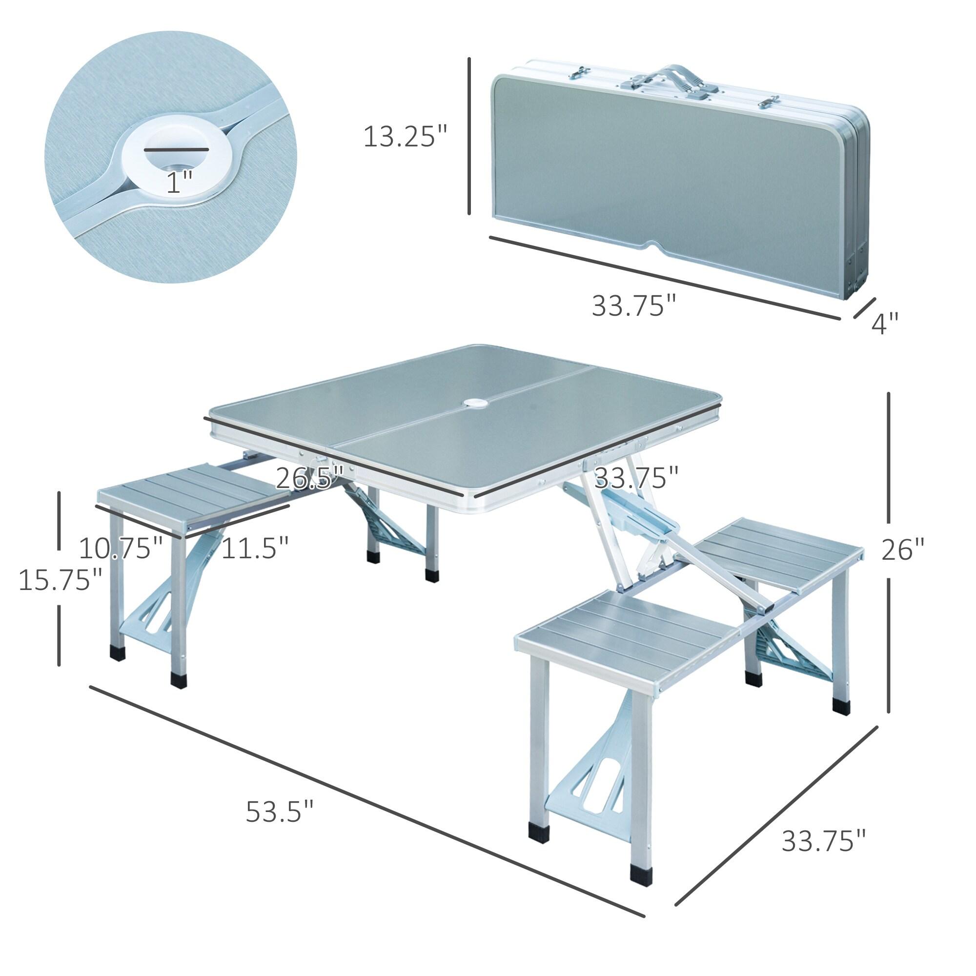 Outsunny Porch or Camping Picnic Table Folding with Carry Handle, Portable Outdoor Table with Bench, Patio Table with Umbrella Hole, Silver