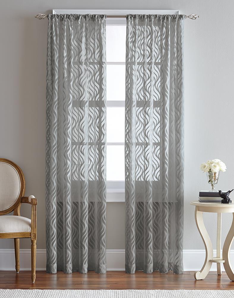 CHF Lyric 84" Rod Pocket Sheer Curtain Panel, Knit Flame Ogee , Gray, Adult