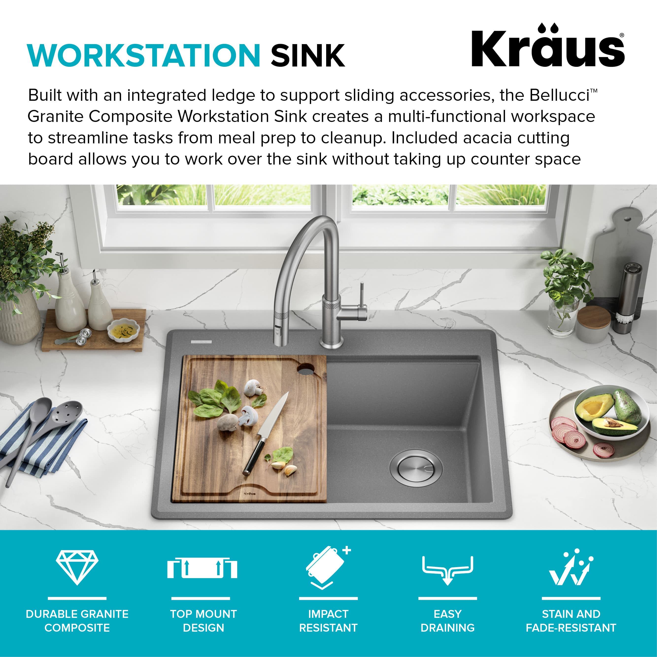 KRAUS Bellucci Granite Composite Workstation Drop-In Top Mount Single Bowl Kitchen Sink with Accessories