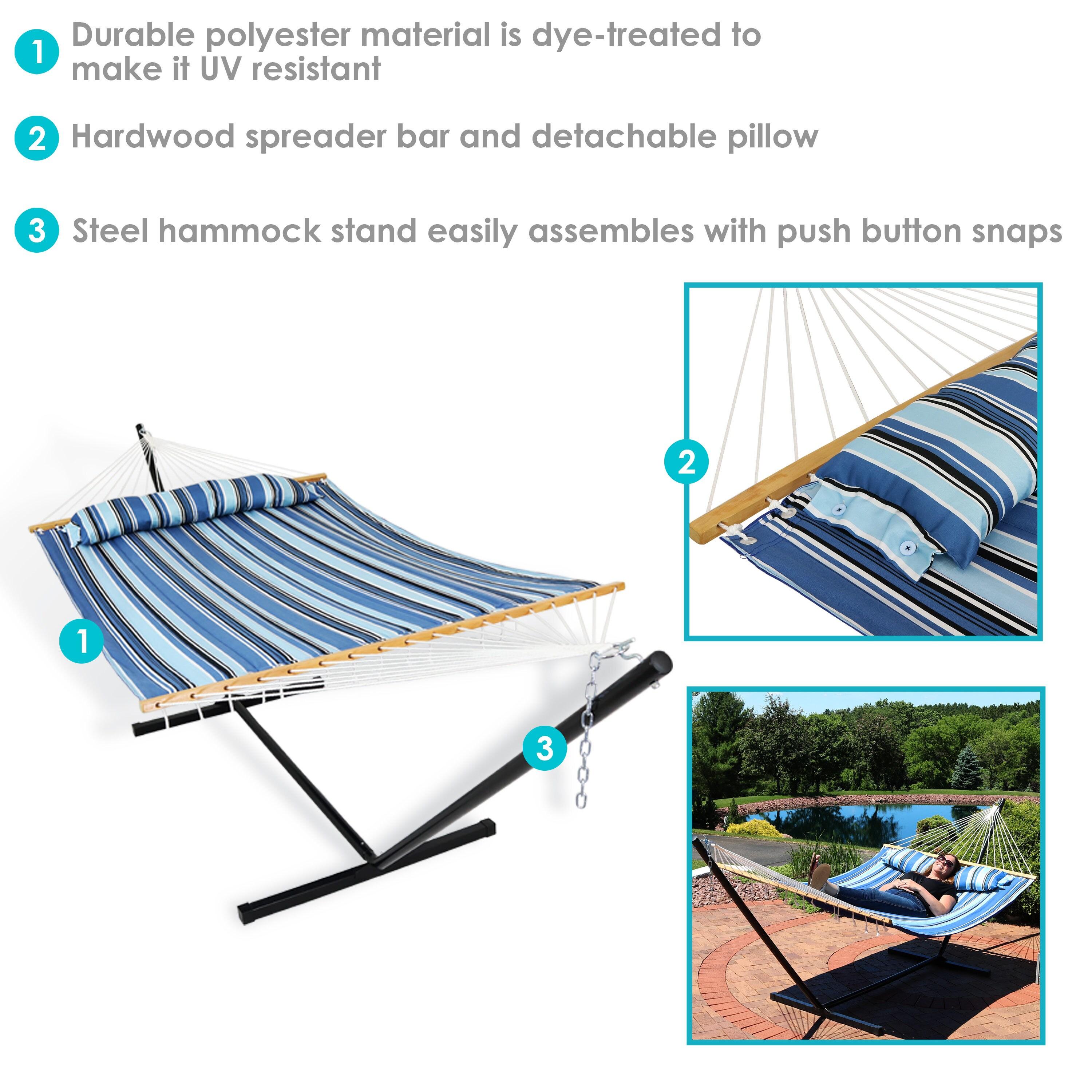 Sunnydaze Outdoor 2-Person Quilted Fabric Hammock with Spreader Bars and Freestanding Stand- 350 lb Weight Capacity/12' Stand - Misty Beach