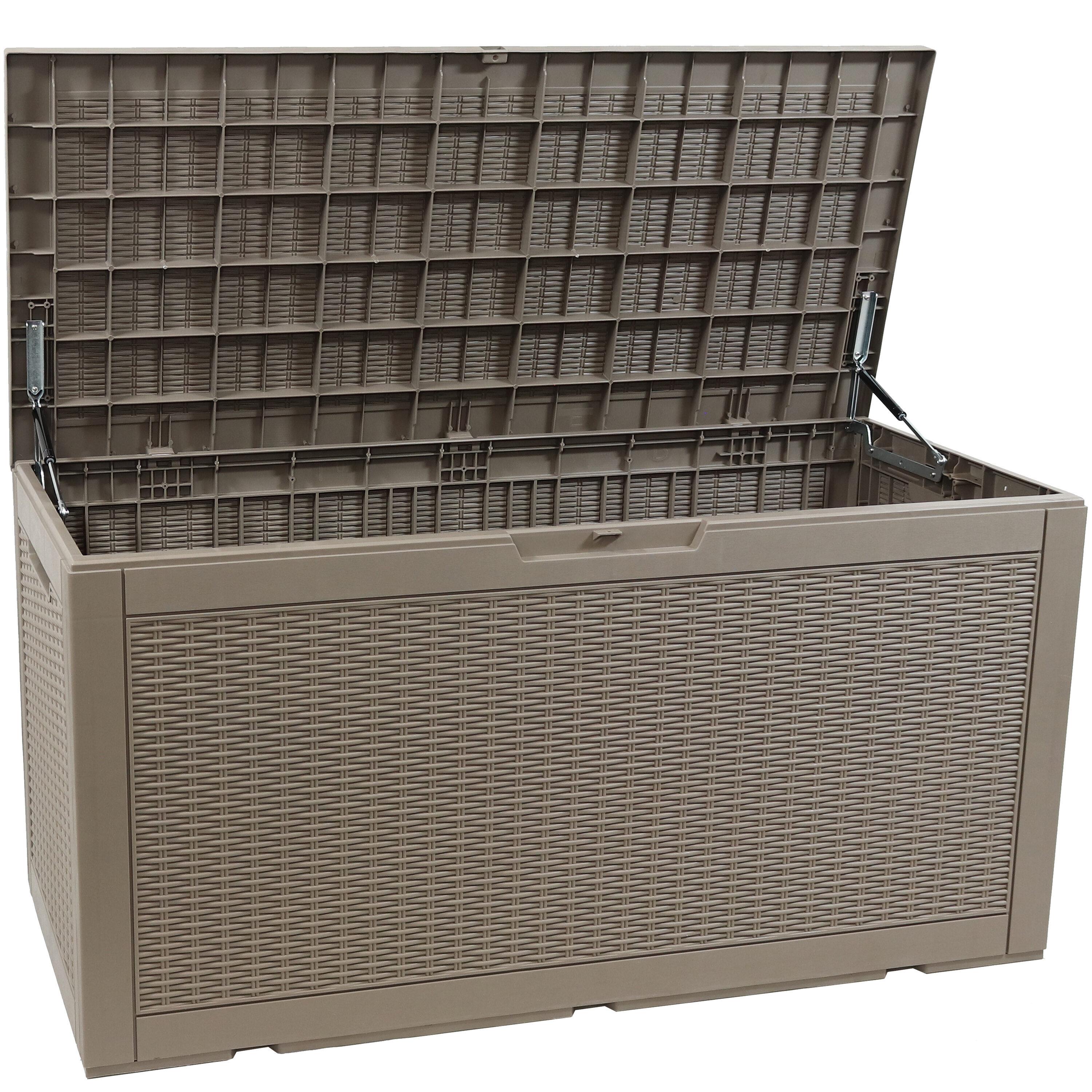 Sunnydaze Outdoor Deck and Patio Storage Box with Rattan Design - 100 Gal. - Driftwood