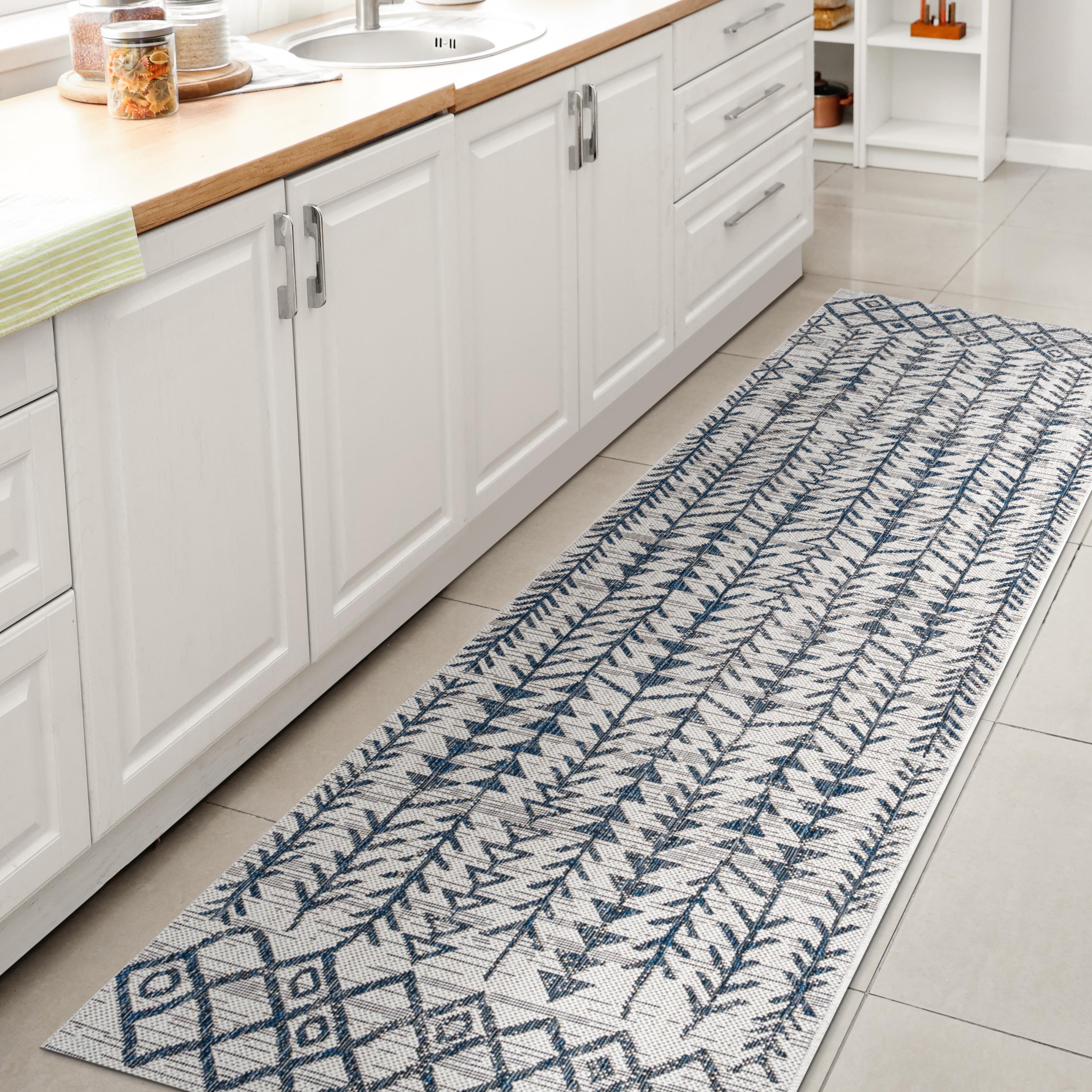 2'x8' Tokay Bohemian Styled Geometric Indoor/Outdoor Runner Rug, Ivory/Blue - JONATHAN Y