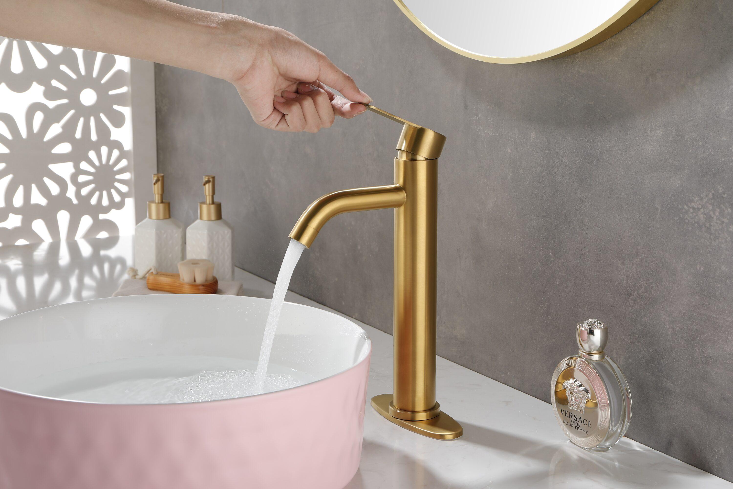 Gold Bathroom Faucets | Waterfall Single Hole Bathroom Sink Faucet with Deck Plate, 1 Hole Or 3 Hole for 4 Inch Brushed Gold Vanity Faucet with Pop-Up Drain Single Handle Lavatory Faucet