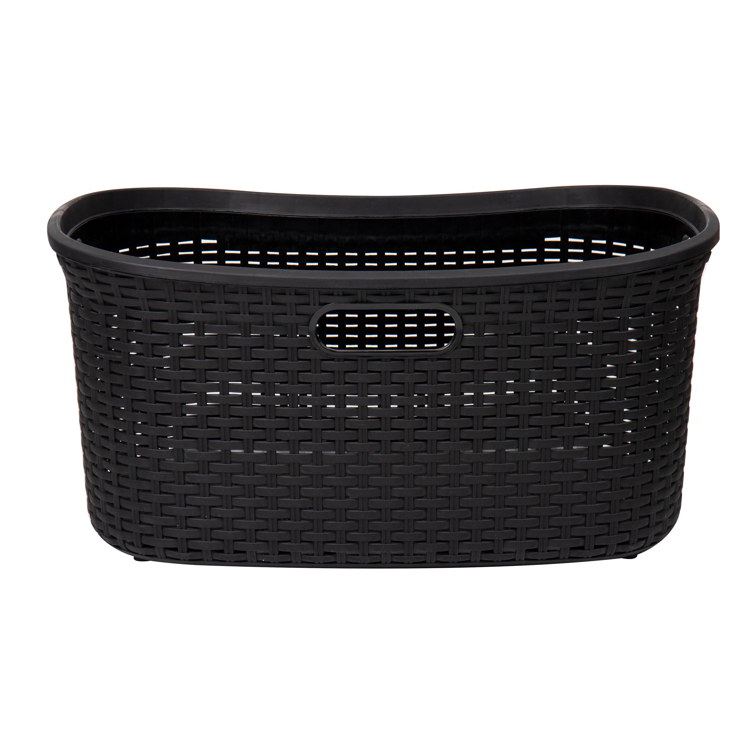 Mind Reader 40L Laundry Basket, Clothes Hamper, Lid, Wicker Design, Plastic, Set of 2, Black