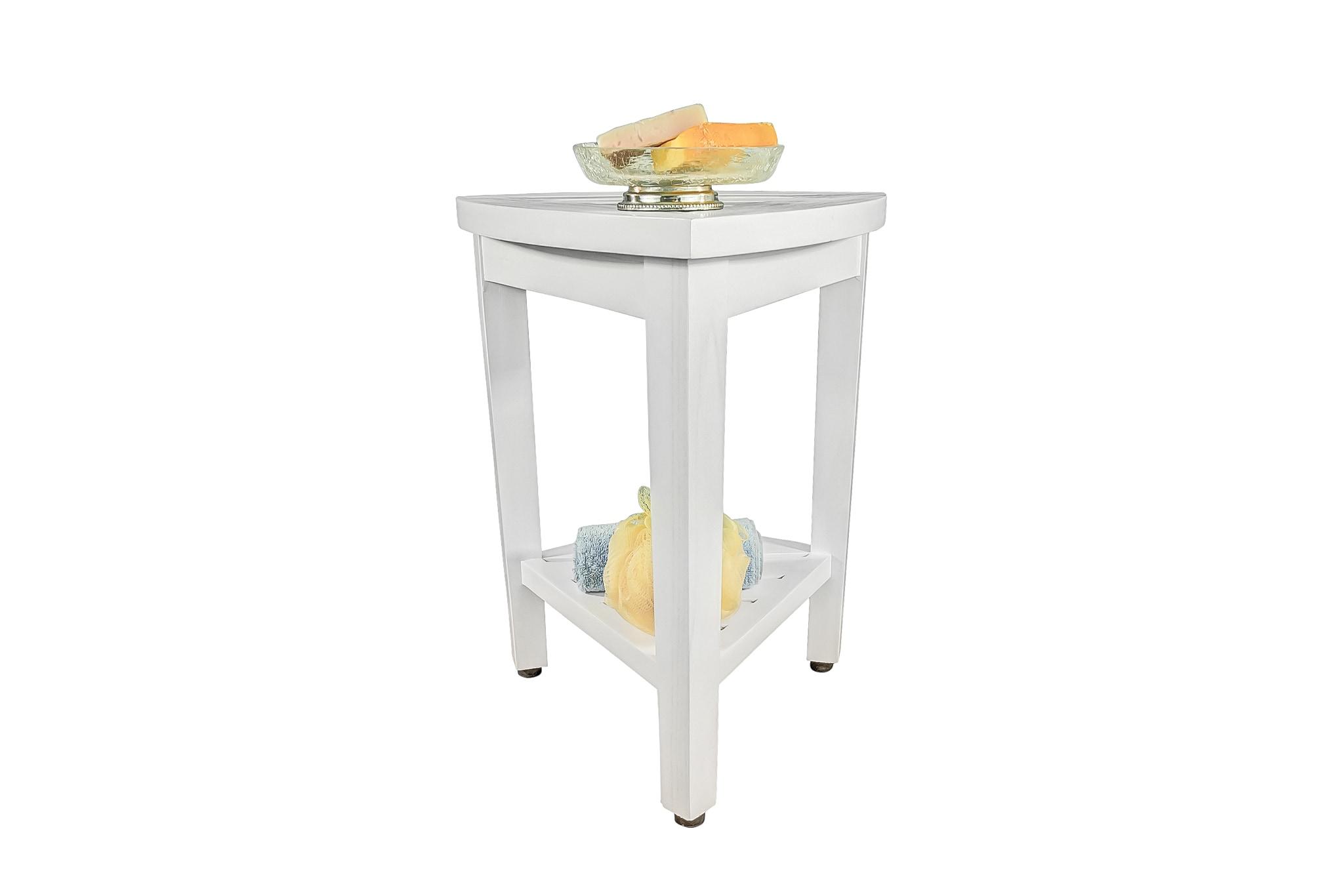 CoastalVogue 15" FlexiCorner ED1123 Wide Teak Wood Shower Bench/Stool : Microfiber, Machine Washable, Non-Slip Backing