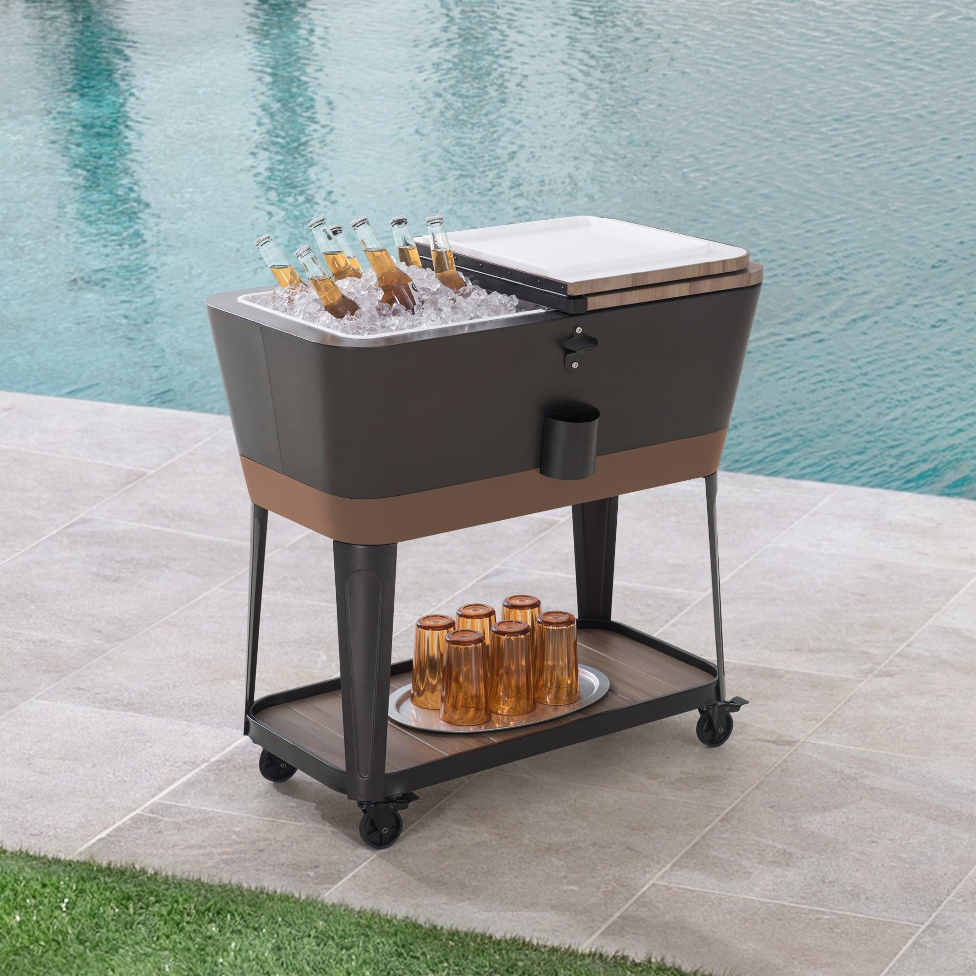 Sunjoy Durant 80-Quart Wood Grain Finish Metal Rolling Ice Chest Cooler Cart with Storage Shelf, Steel Bottle Opener, and Lockable Wheels