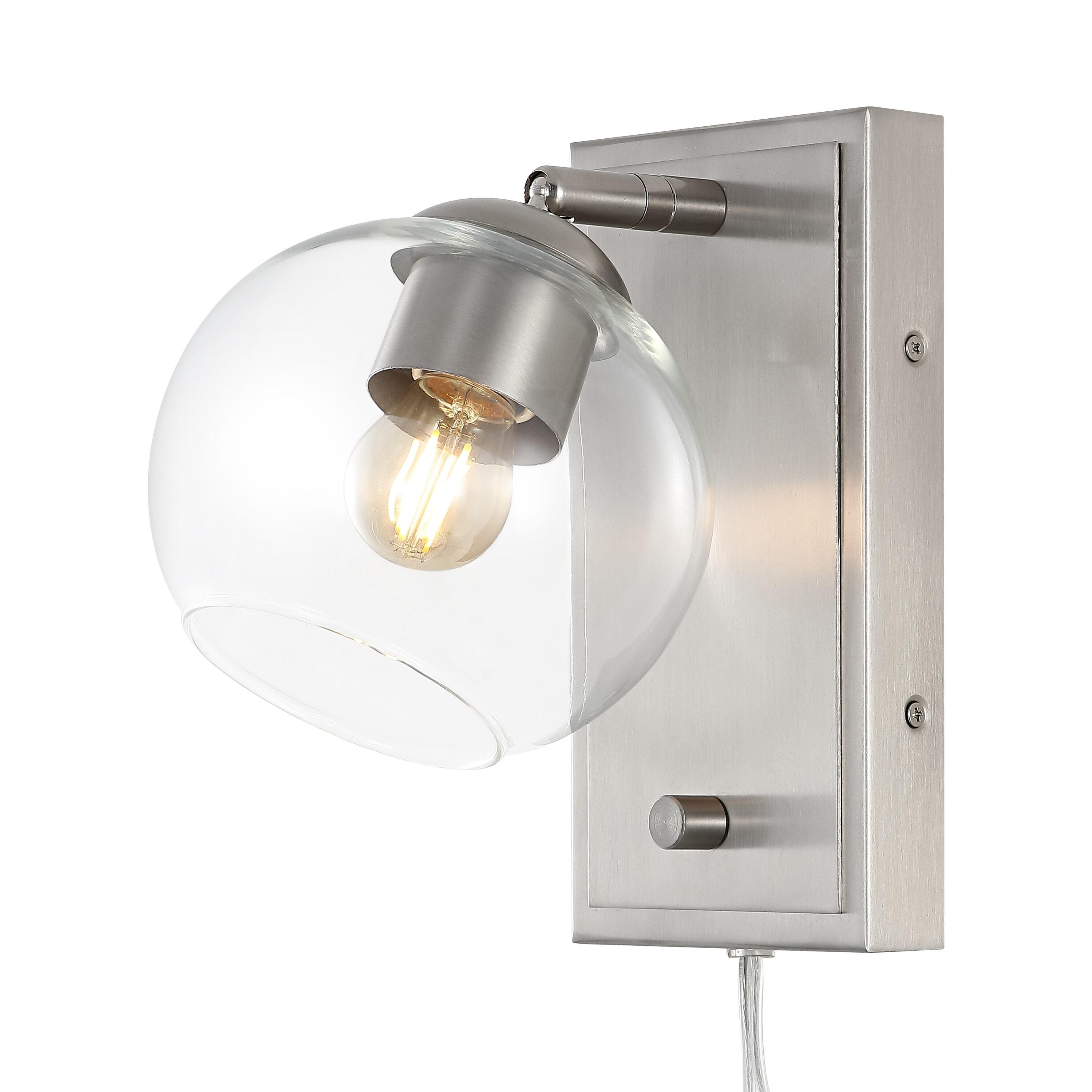 Hugo 6" 1-Light Minimalist Modern Plug-In or Hardwired Adjustable Iron LED Wall Sconce with Rotary Dimmer, Nickel with Clear Globe
