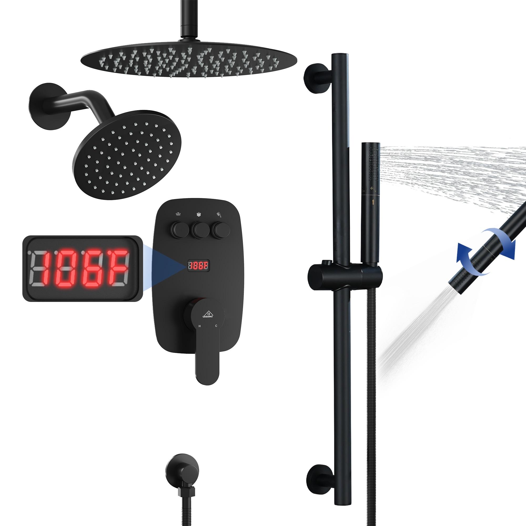 Rainfall Symphony 12inch Dual Showerhead Temperature Display Shower System with 2 in 1 Slider Bar Shower Handheld