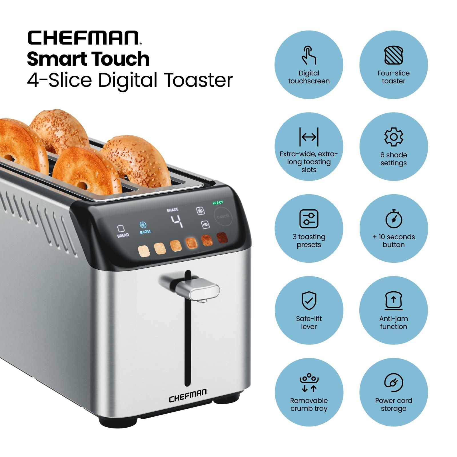 Chefman Smart Touch 4 Slice Digital Bread Toaster, 6 Shade Settings, Bagel Mode - Stainless Steel, New