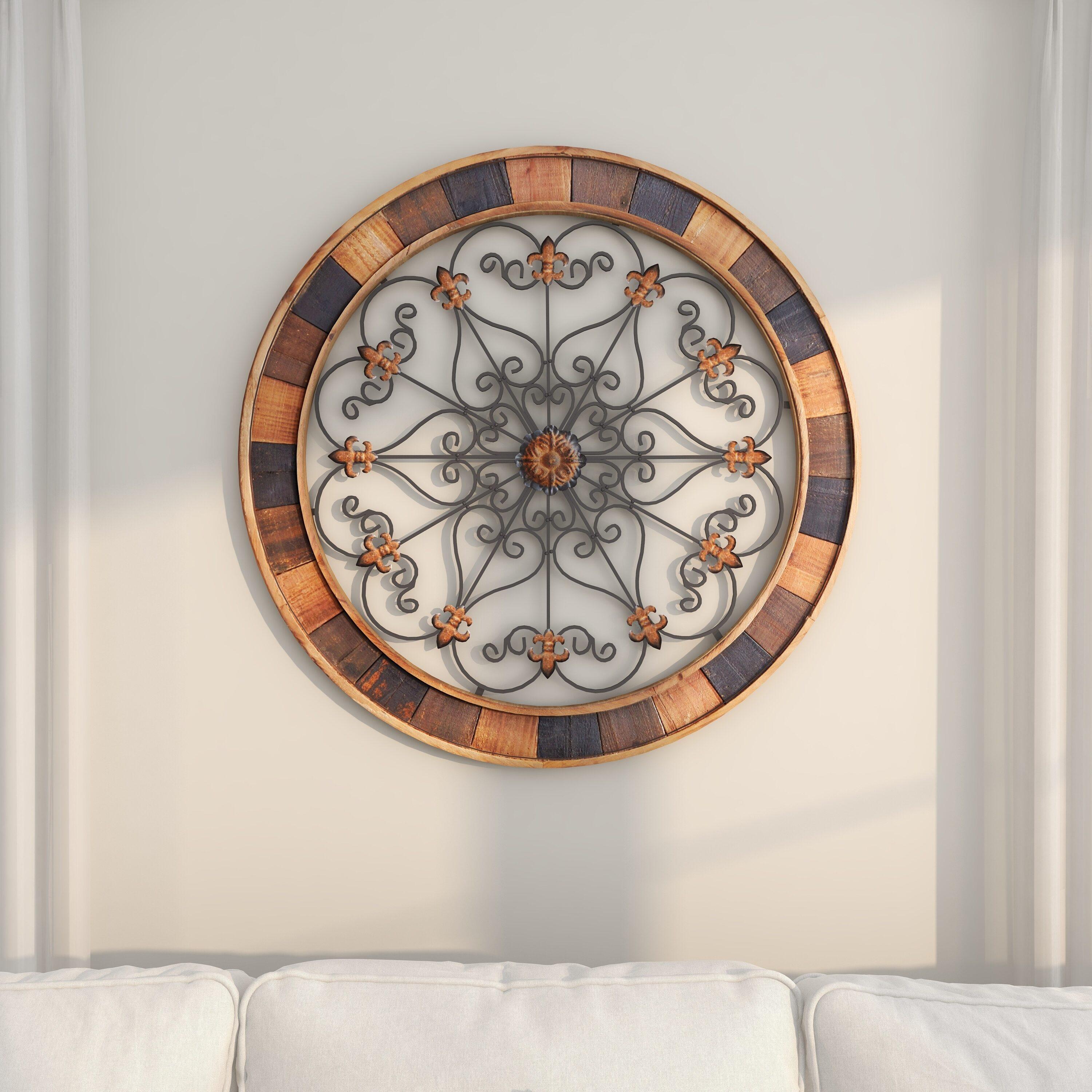 DecMode Brown Wood Arabesque Scroll Wall Decor with Metal Fleur De Lis Relief