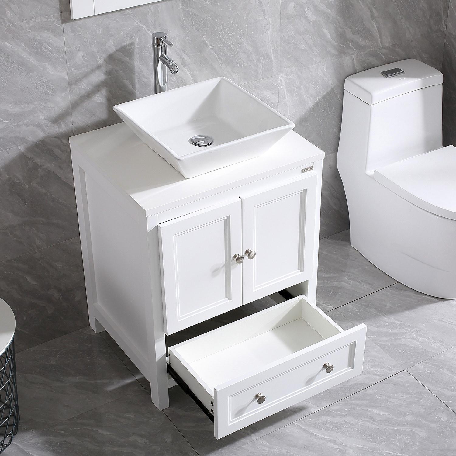 24 Inch Bathroom Vanity with Sink, Single Sink Bathroom Vanity, Modern Small Bathroom Vanity Cabinet with Mirror Sink Drain Faucet Set, White