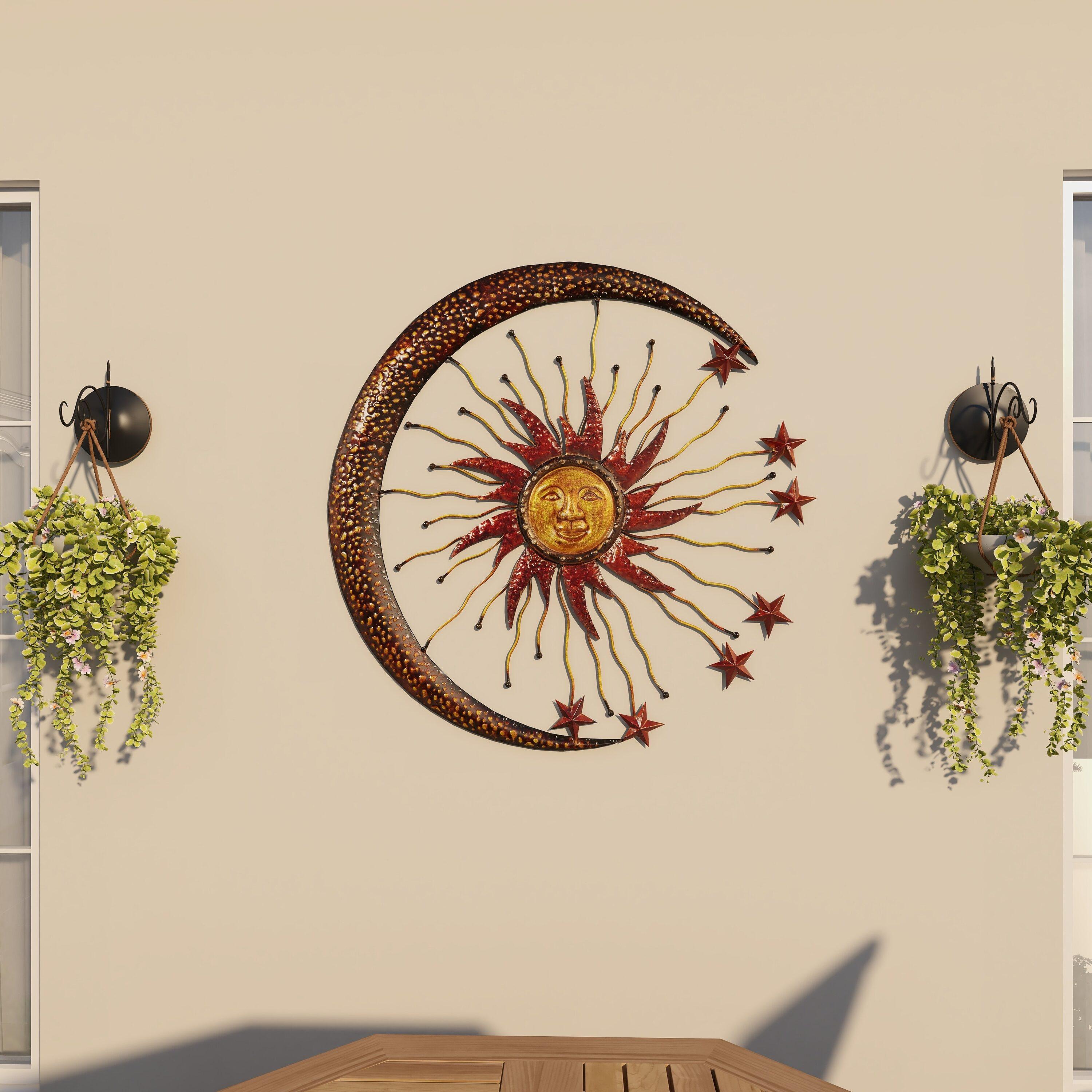 DecMode Copper Metal Indoor Outdoor Sun and Moon Wall Decor with Stars