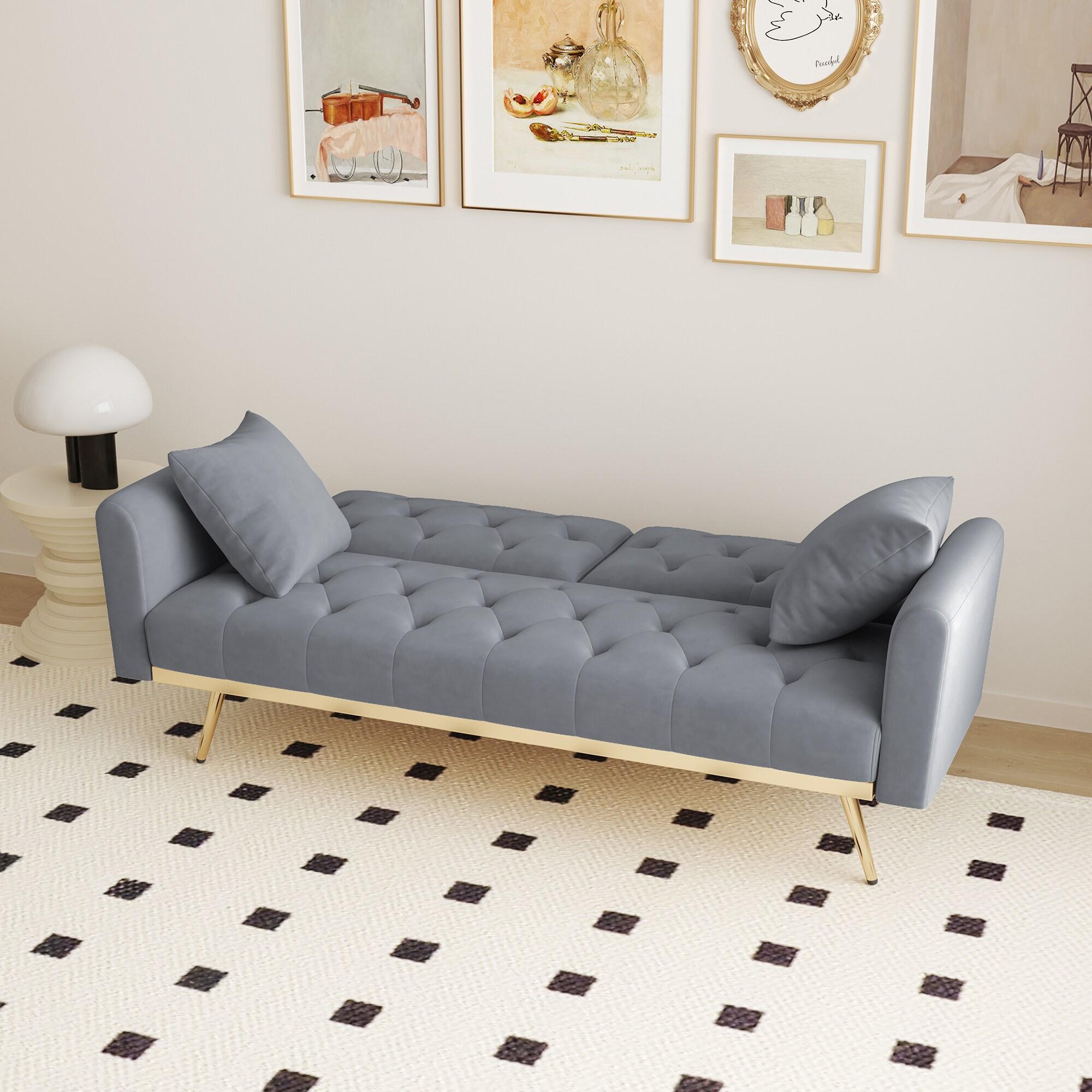 68.3" Gray Velvet Nailhead Sleeper Sofa with Throw Pillow