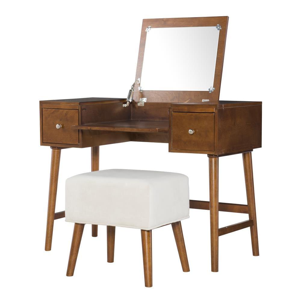 Viola Mid-Century Modern Flip-up Mirror 2 Drawer Vanity and Upholstered Stool Brown - Linon: Rubberwood, MDF, Lift-Top Storage