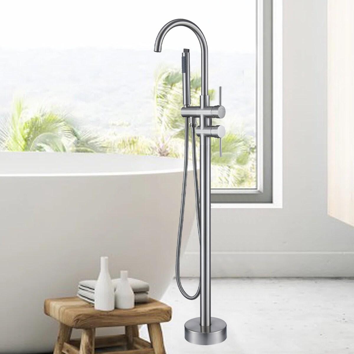 Double Handle Floor Mounted Freestanding Tub Filler With Handshower