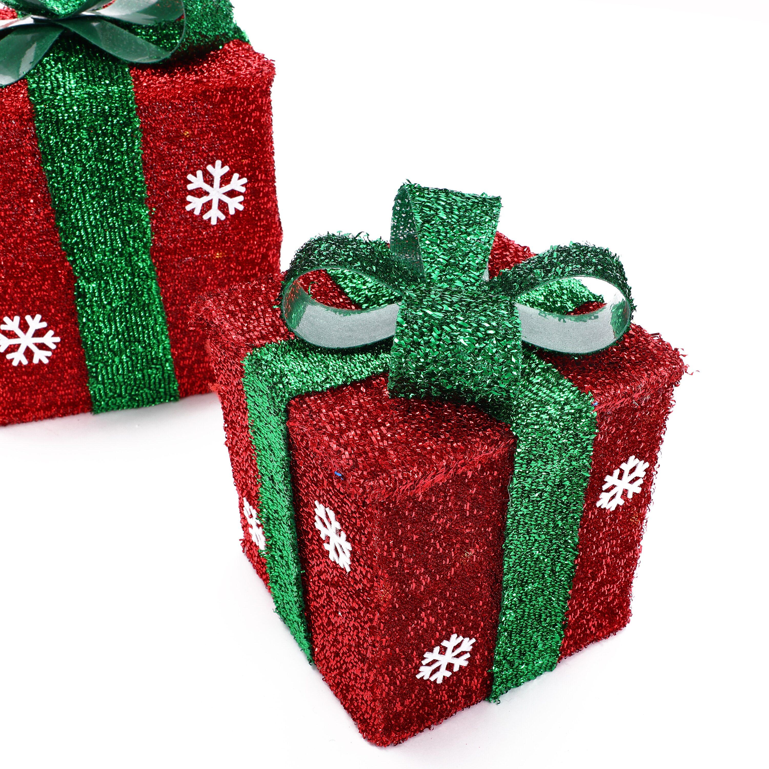 LuxenHome Set of 3 Red and Green Presents with Bows Lighted LED Indoor Outdoor Holiday Decoration