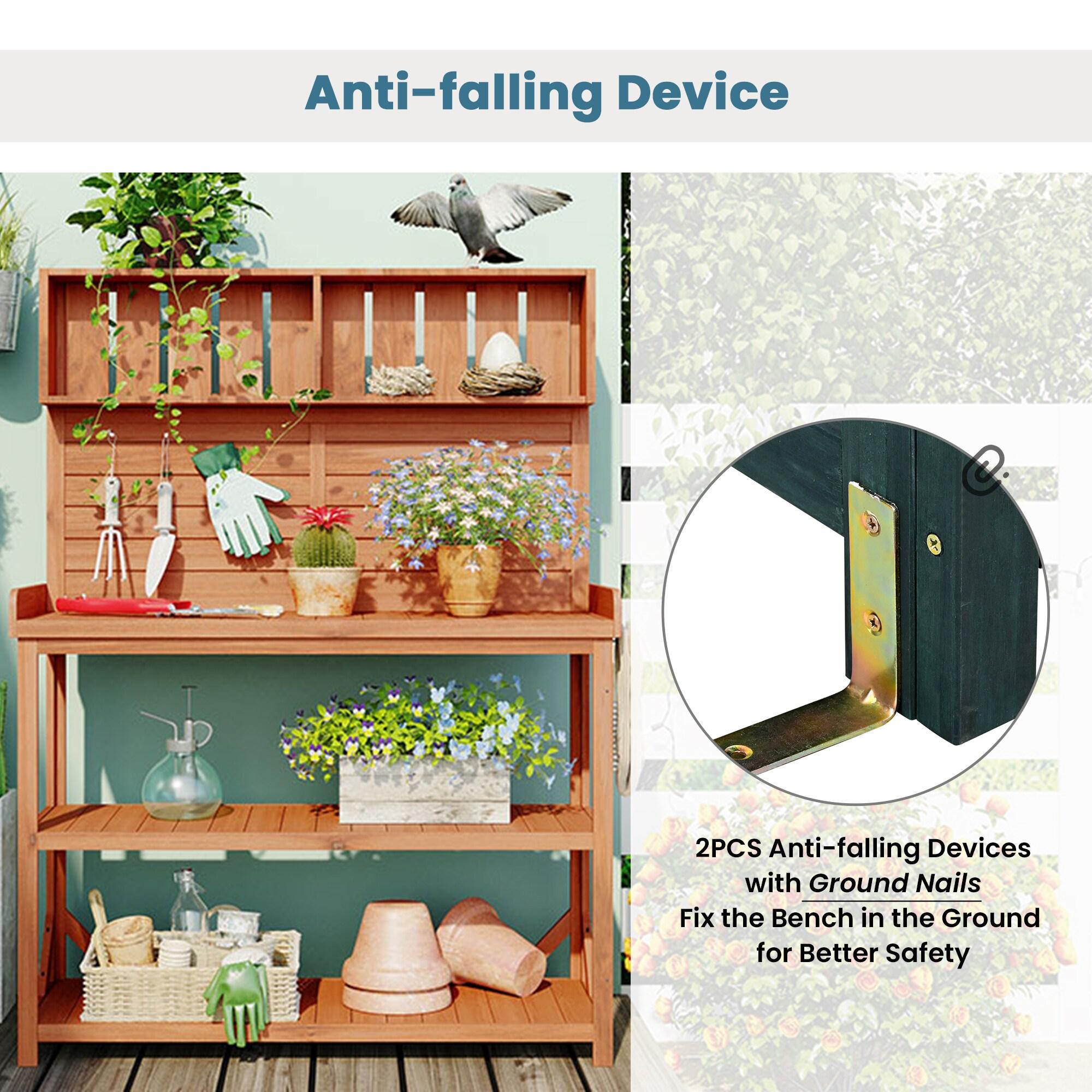 Wooden Potting Bench, 65" Large Wooden Farmhouse Rustic Outdoor Potting Bench Table, Patio Workstation, Garden Potting Bench with 4 Storage Shelves, Splash Plate & 3 Side Hooks, Natural