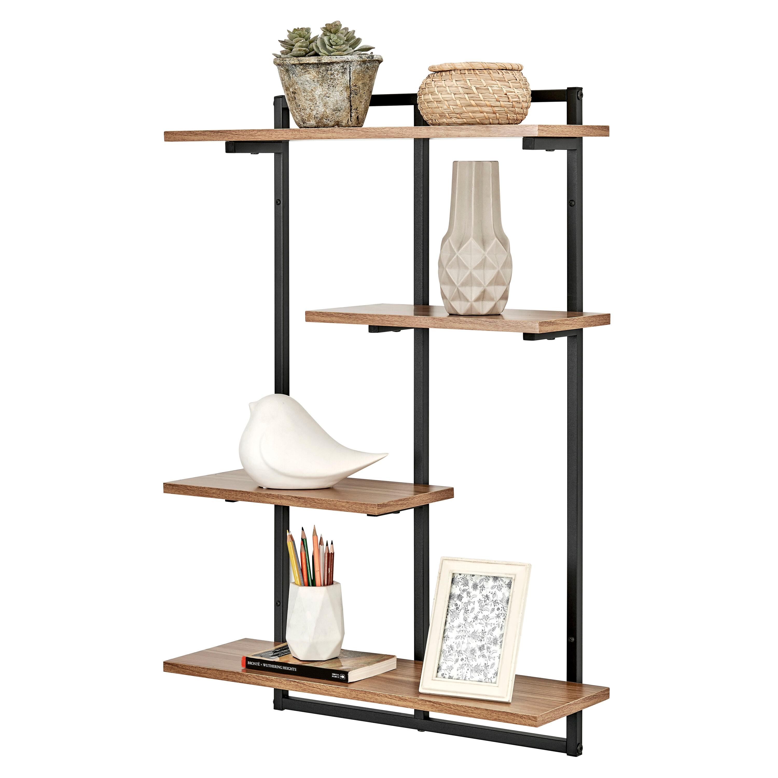 Danya B. 34.5" x 23.6" Rhodes 4 Tier Modern Floating Windowsill Wall Shelf Unit Black/Light Walnut: MDF & Iron, Open Design