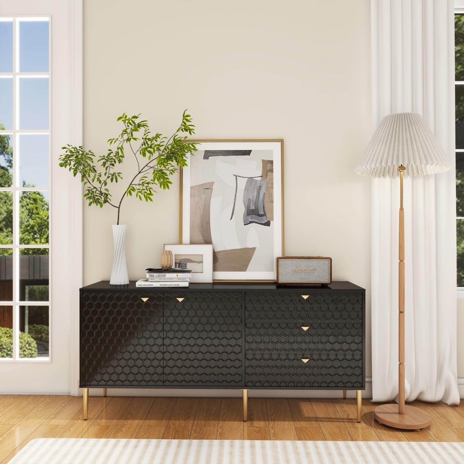 Boyel Living Sideboard Buffet Cabinet, 2-Door Accent Cabinet with 3 Drawer Dressers for Living Room, Kitchen, Office and Hallway, Black