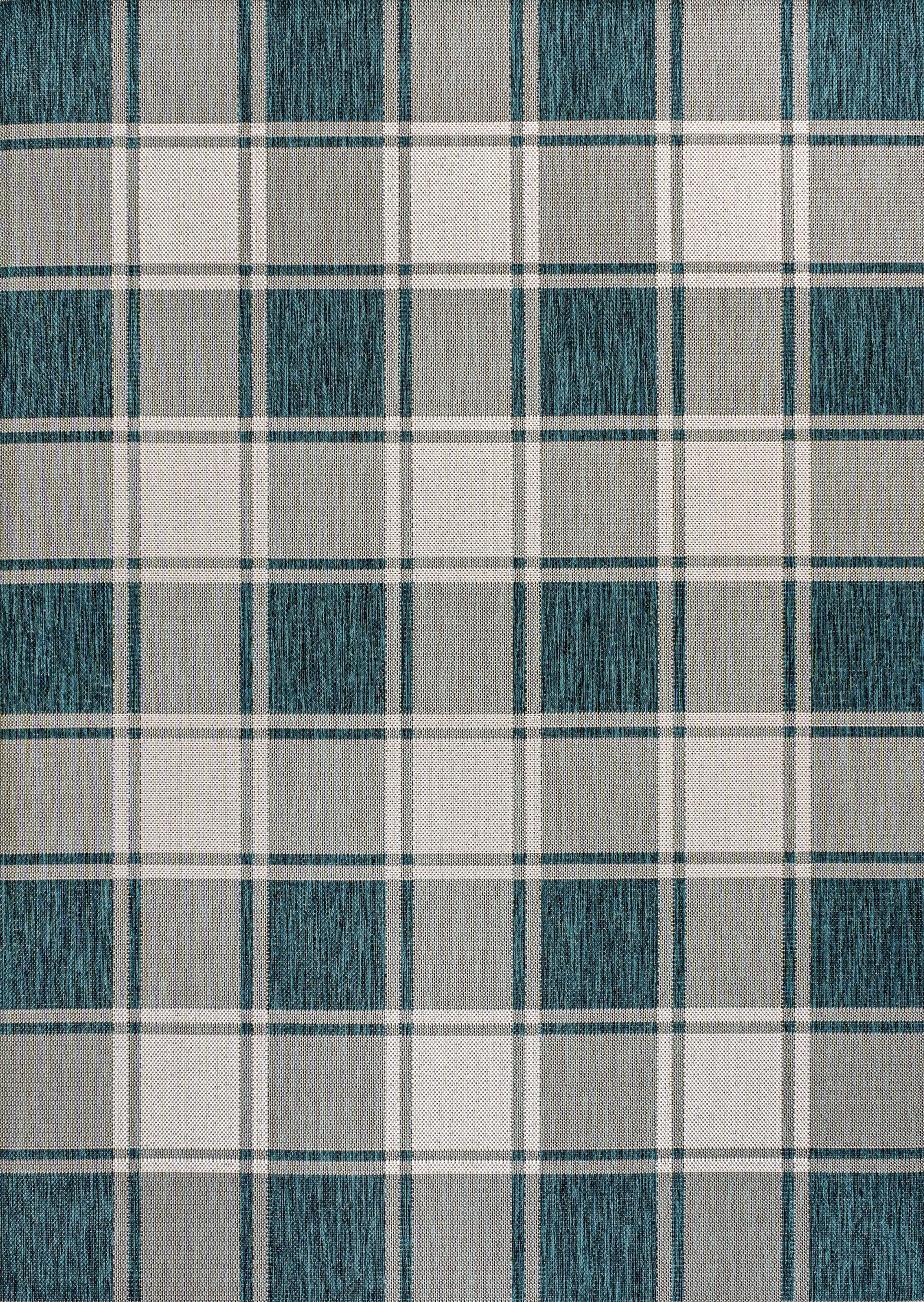 Sabine Traditional Farmhouse Bold Gingham Turquoise/Cream 8 ft. x 10 ft. Indoor/Outdoor Area Rug