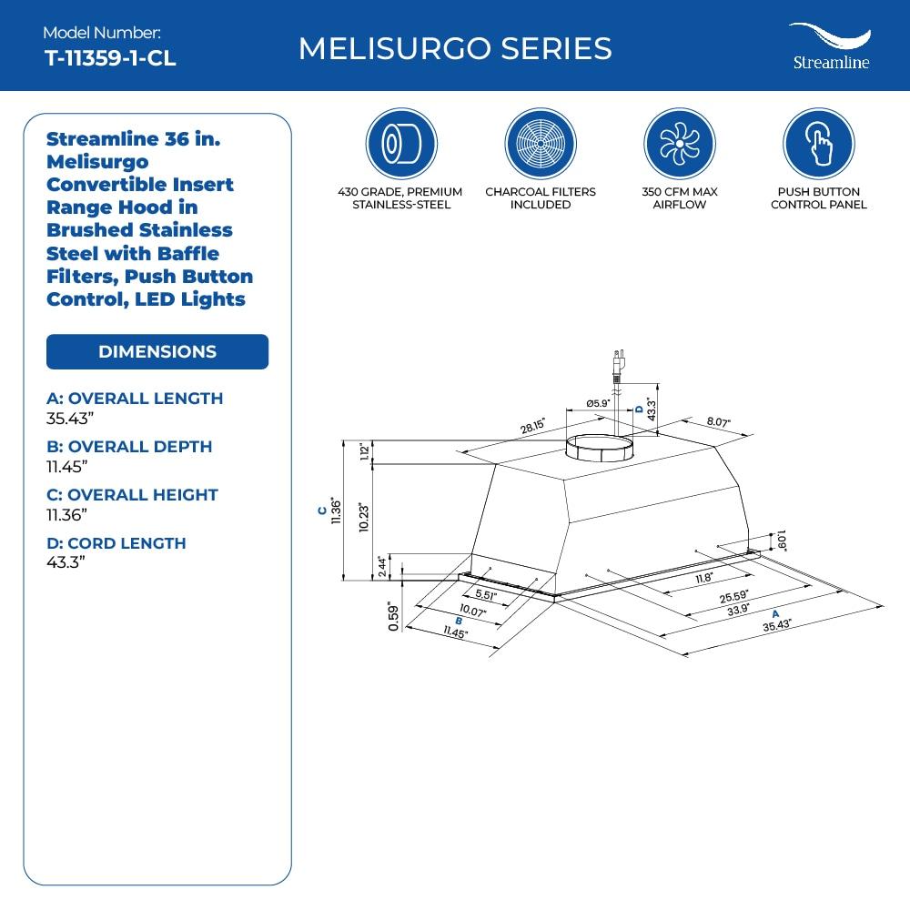 Streamline Melisurgo 36" 350 Cubic Feet Per Minute Convertible Insert Range Hood with Baffle Filter and Light Included