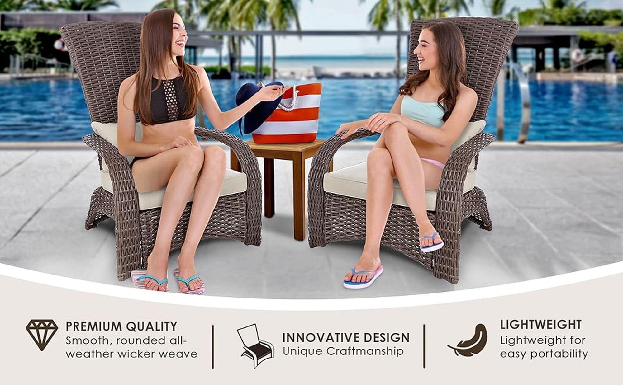PatioSense Patio Sense Coconino Wicker Lounge Chair, Adirondack Style Includes 3" Thick Beige Cushion & Lumbar Pillow