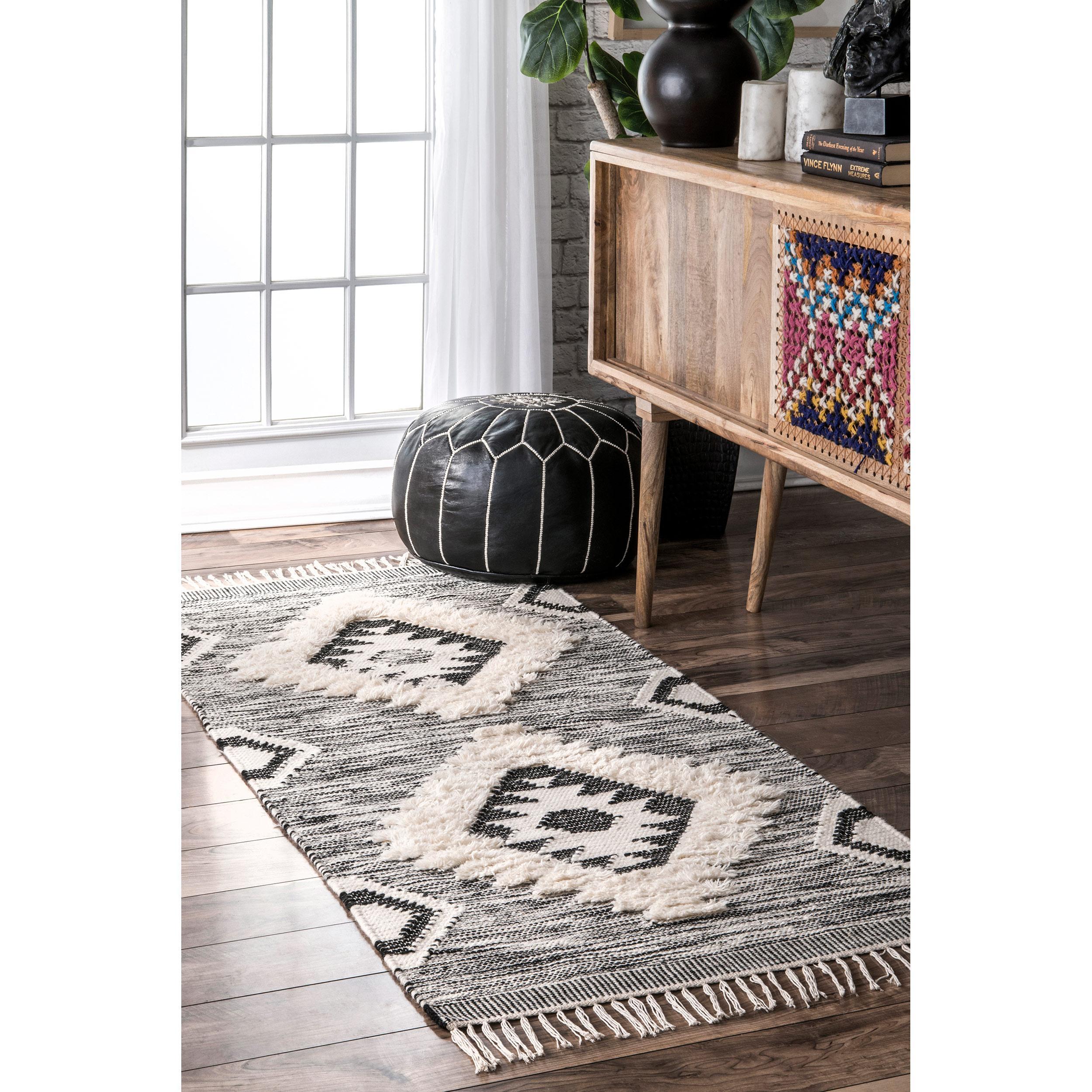 Nuloom Savannah Diamond 2x10 Wool Runner Indoor Area Rug for Living Room Bedroom Dining Room Entryway Hallway Kitchen, Black/Ivory