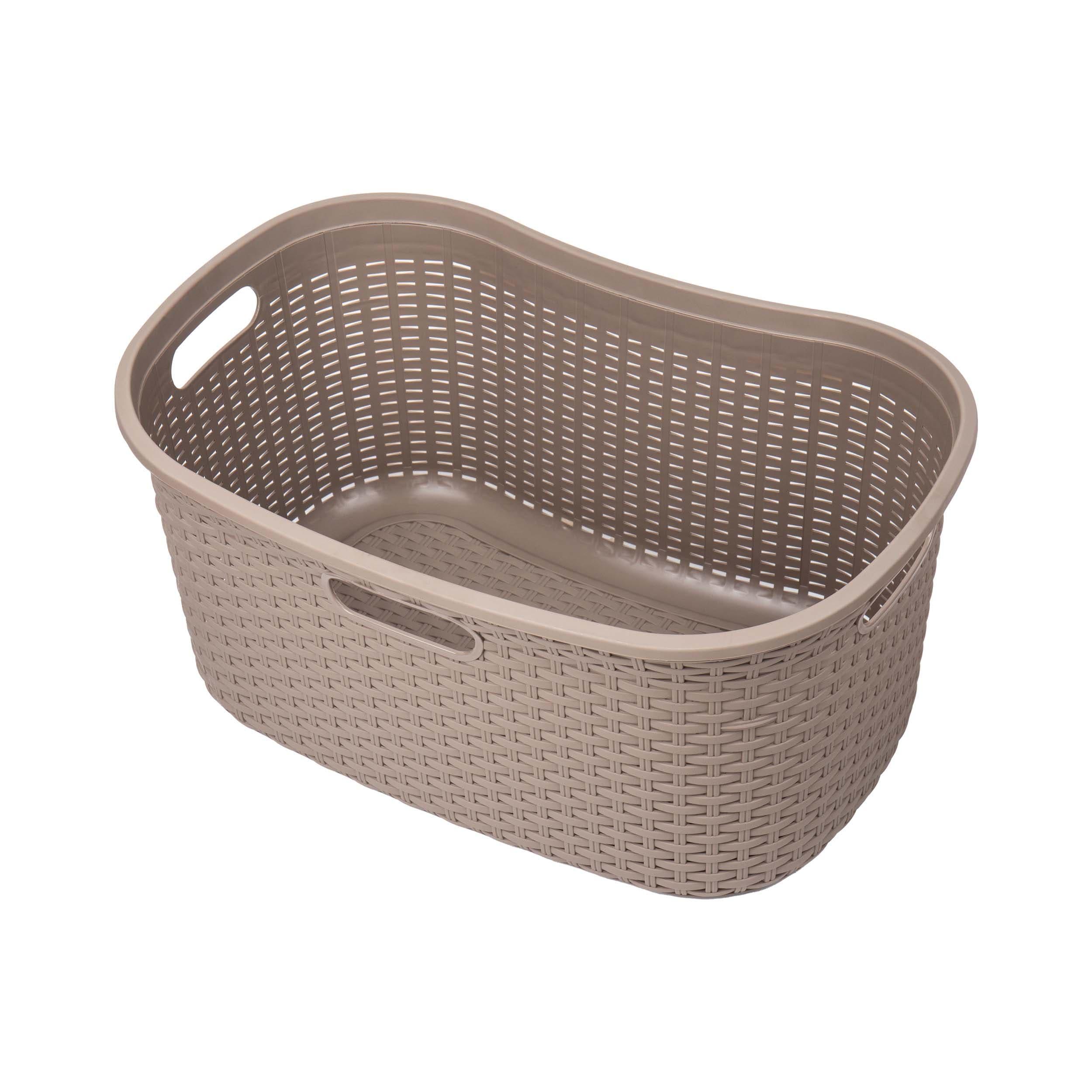Mind Reader 40L Laundry Basket, Clothes Hamper, Lid, Wicker Design, Plastic, 23"L x 14.5"W x 11"H, Set of 2, Tan